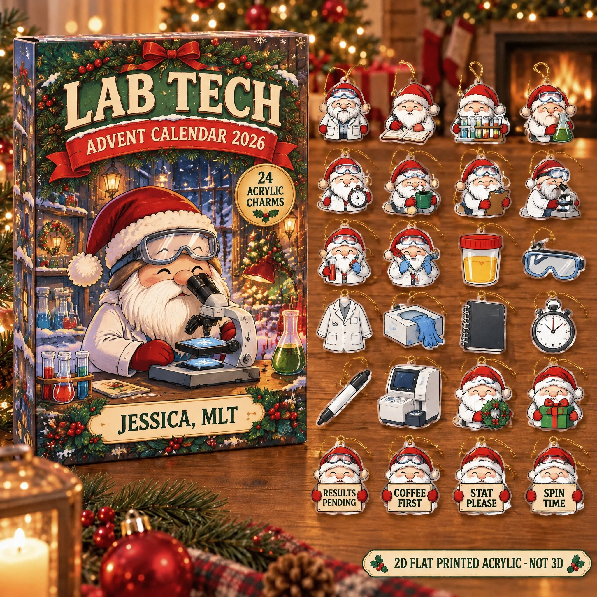 Personalized Lab Tech Gnome advent calendar box with 24 flat acrylic Christmas charms