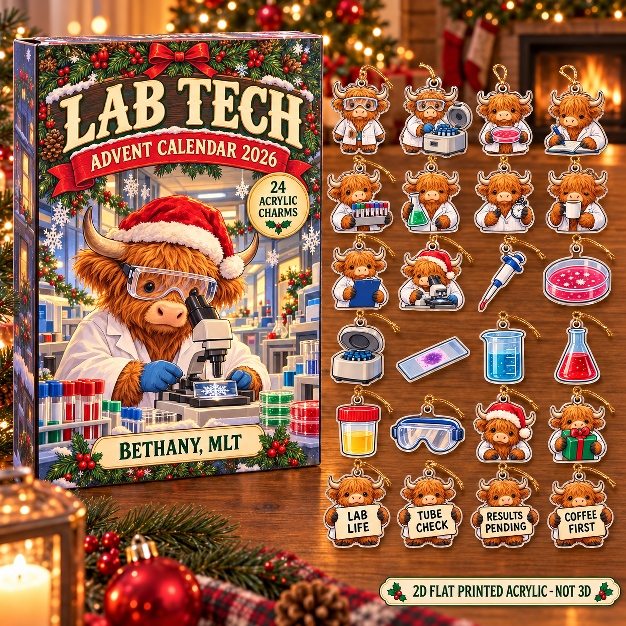 Personalized Lab Tech Highland Cow advent calendar box with 24 flat acrylic Christmas charms
