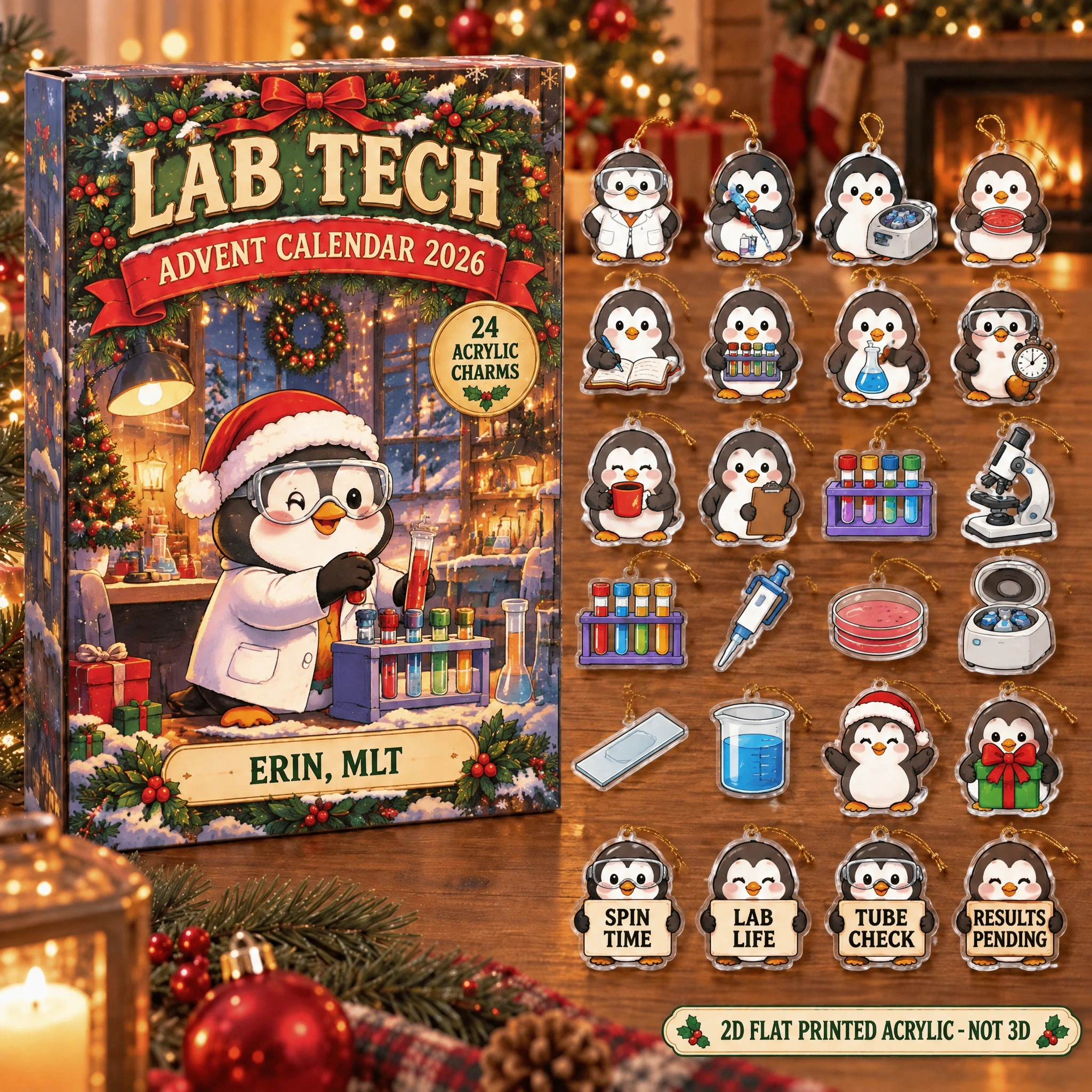 Personalized Lab Tech Penguin advent calendar box with 24 flat acrylic Christmas charms