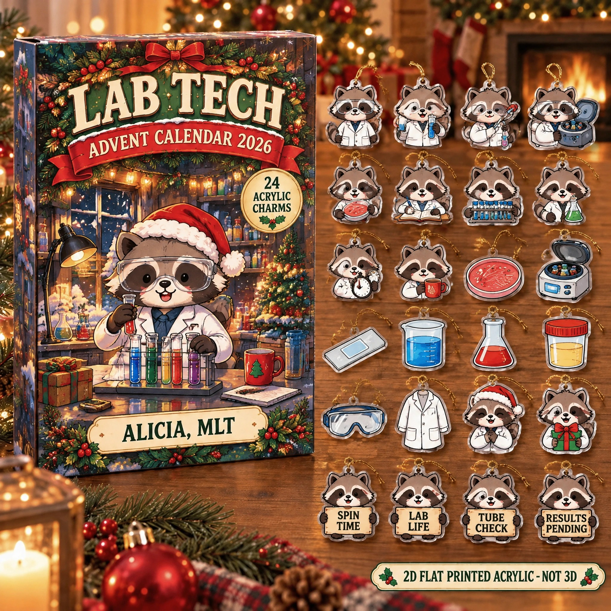 Personalized Lab Tech Raccoon advent calendar box with 24 flat acrylic Christmas charms