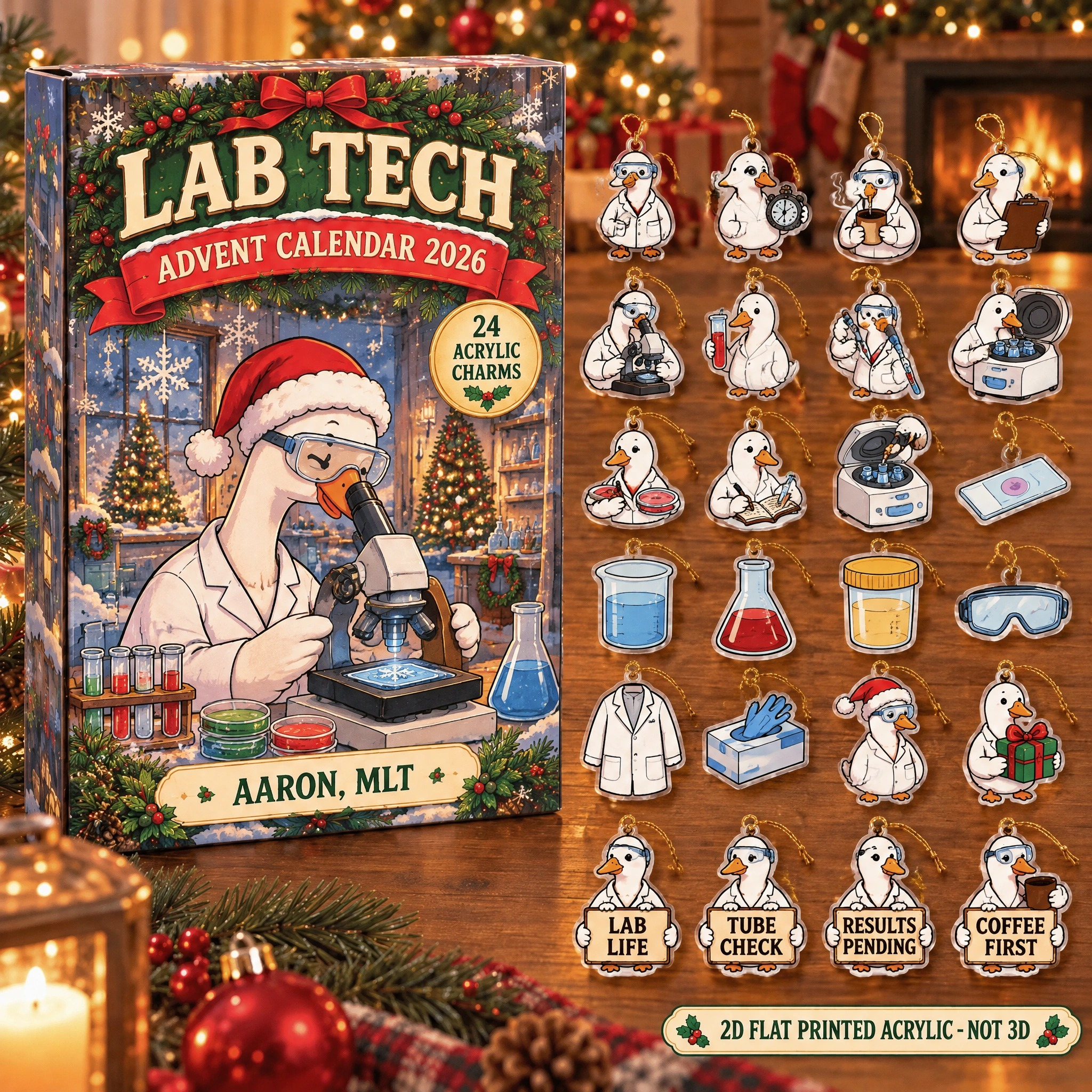 Personalized Lab Tech Silly Goose advent calendar box with 24 flat acrylic Christmas charms