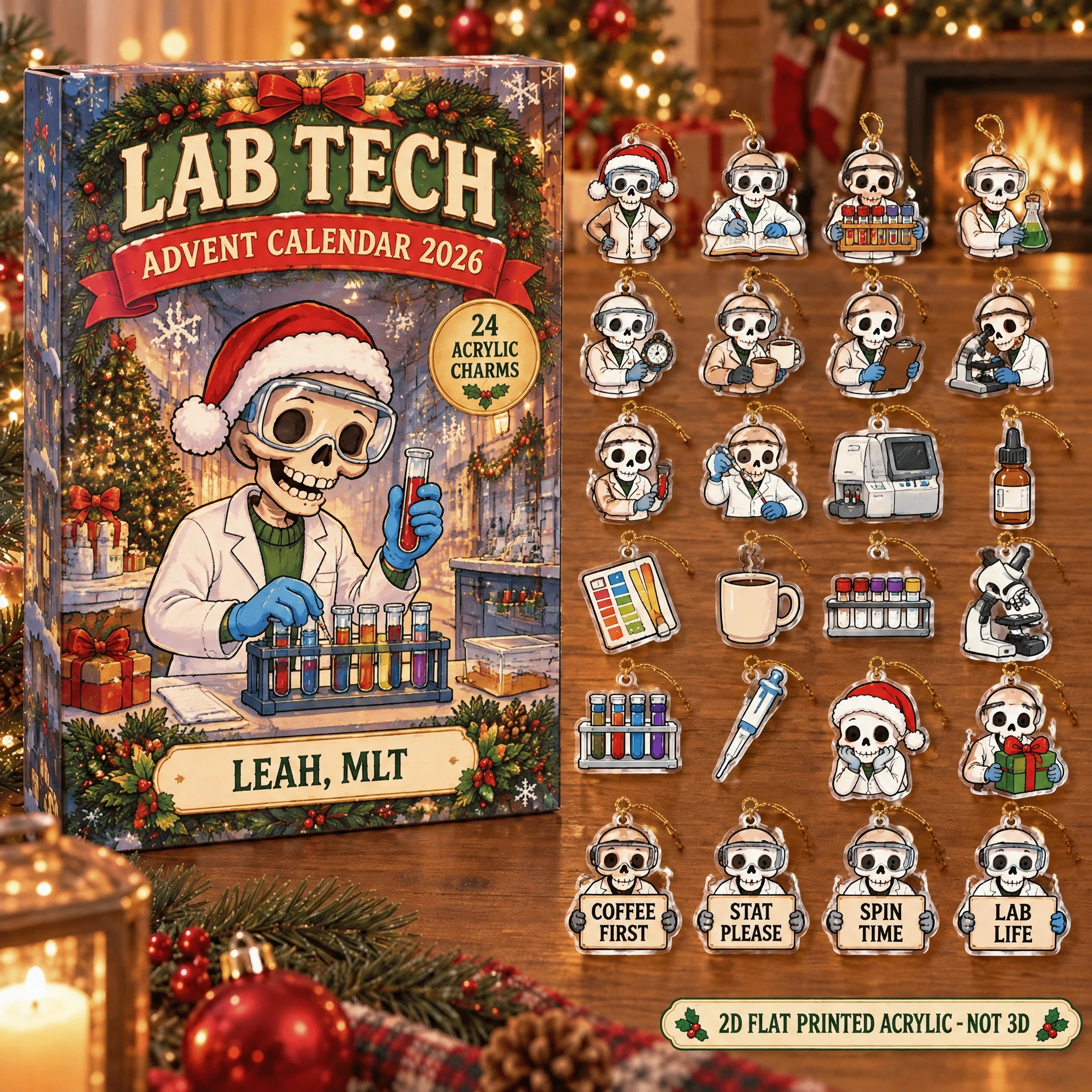 Personalized Lab Tech Skeleton advent calendar box with 24 flat acrylic Christmas charms