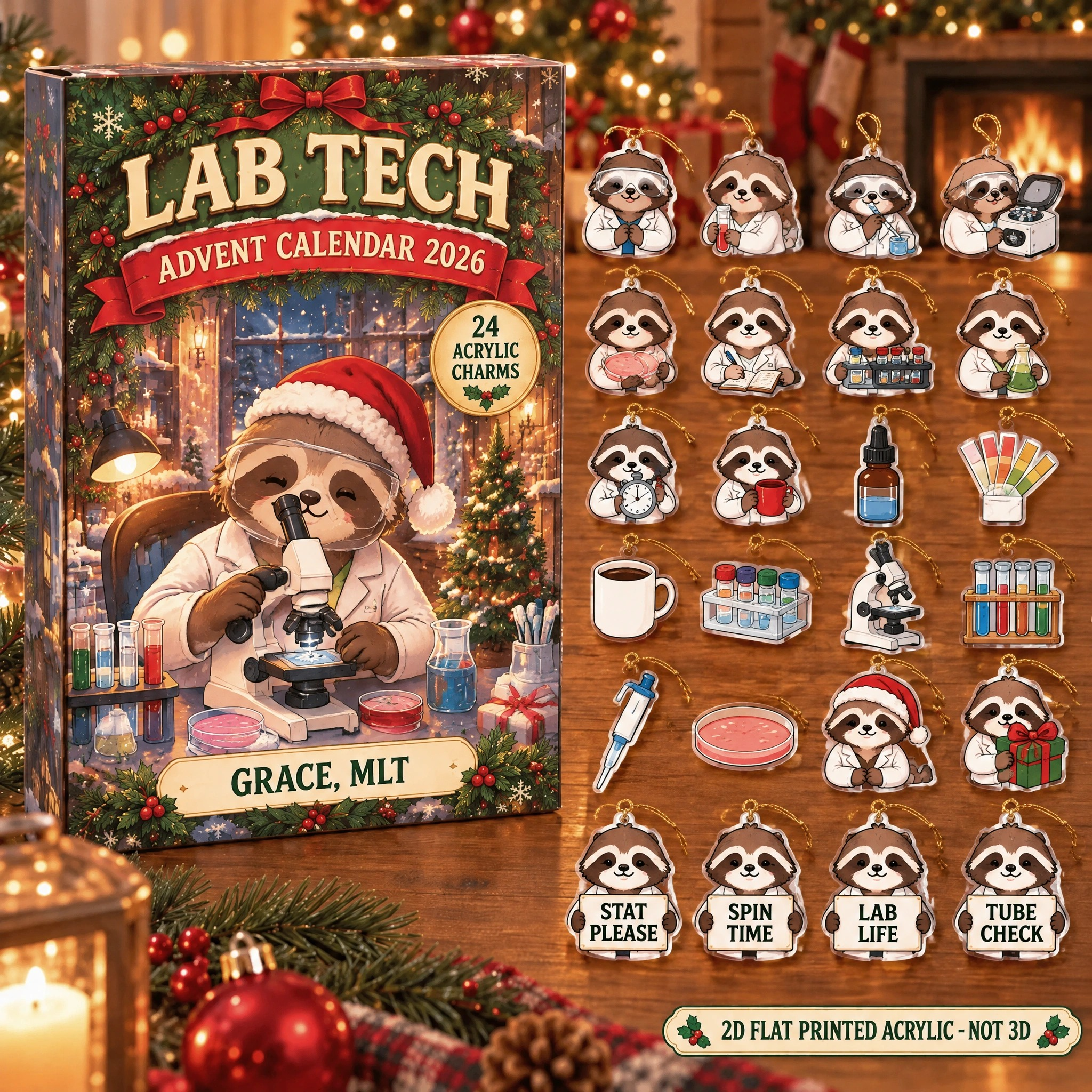 Personalized Lab Tech Sloth advent calendar box with 24 flat acrylic Christmas charms