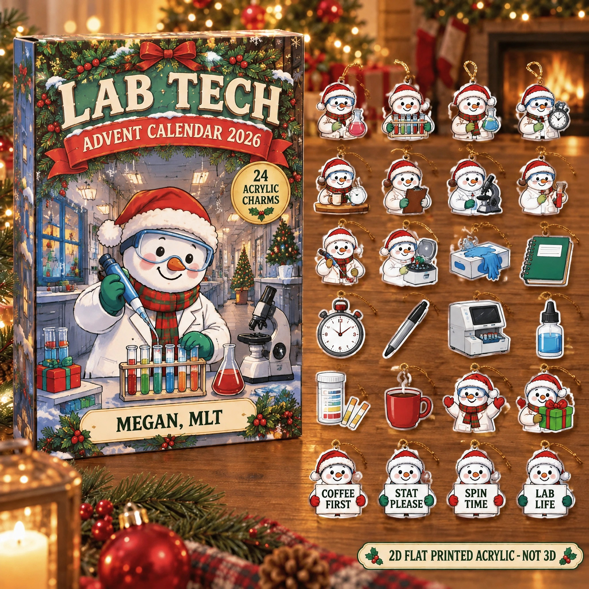 Personalized Lab Tech Snowman advent calendar box with 24 flat acrylic Christmas charms