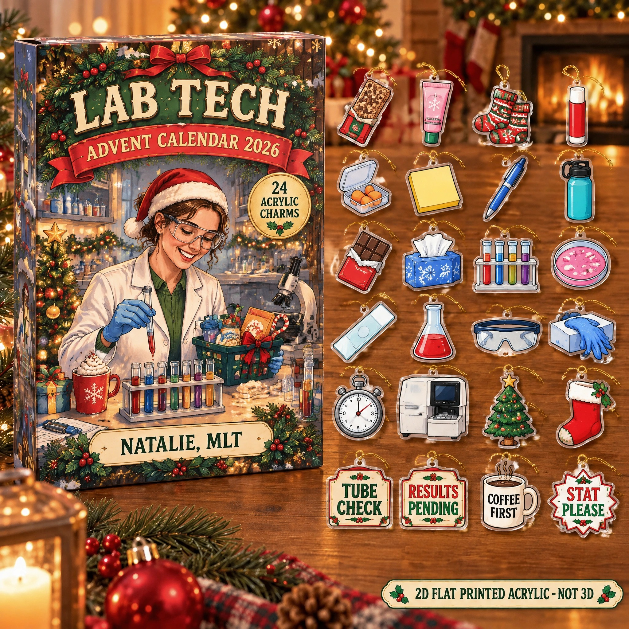 Personalized Lab Tech Survival Kit advent calendar box with 24 flat acrylic Christmas charms