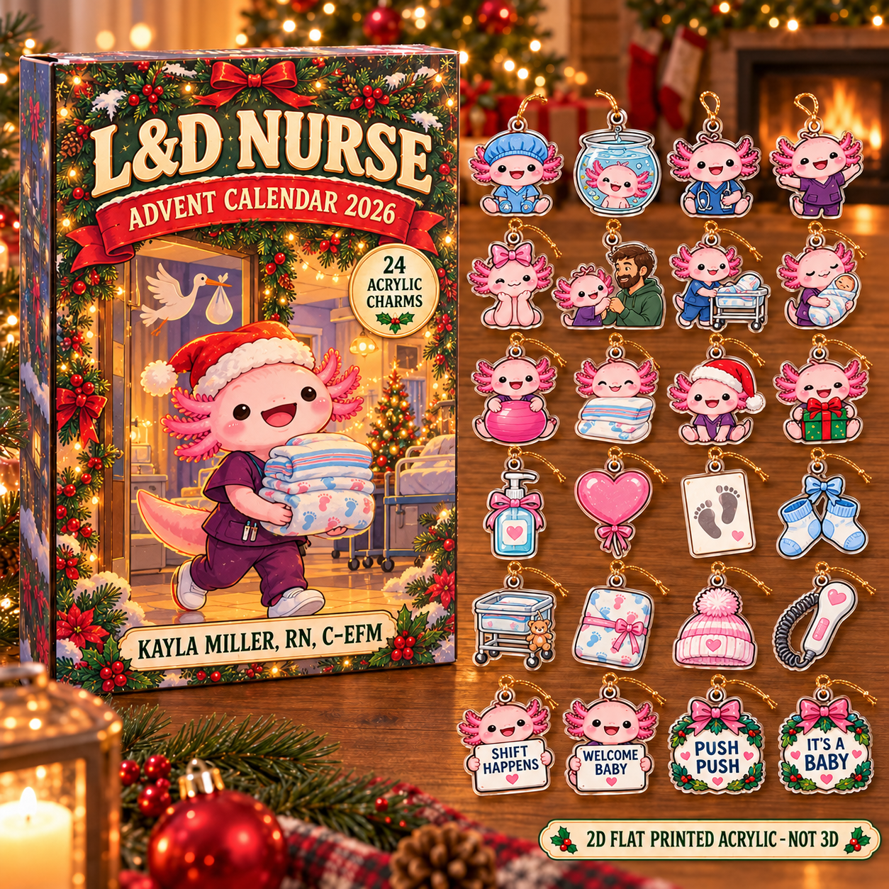 Personalized L&D Nurse Axolotl advent calendar box with 24 flat acrylic Christmas charms
