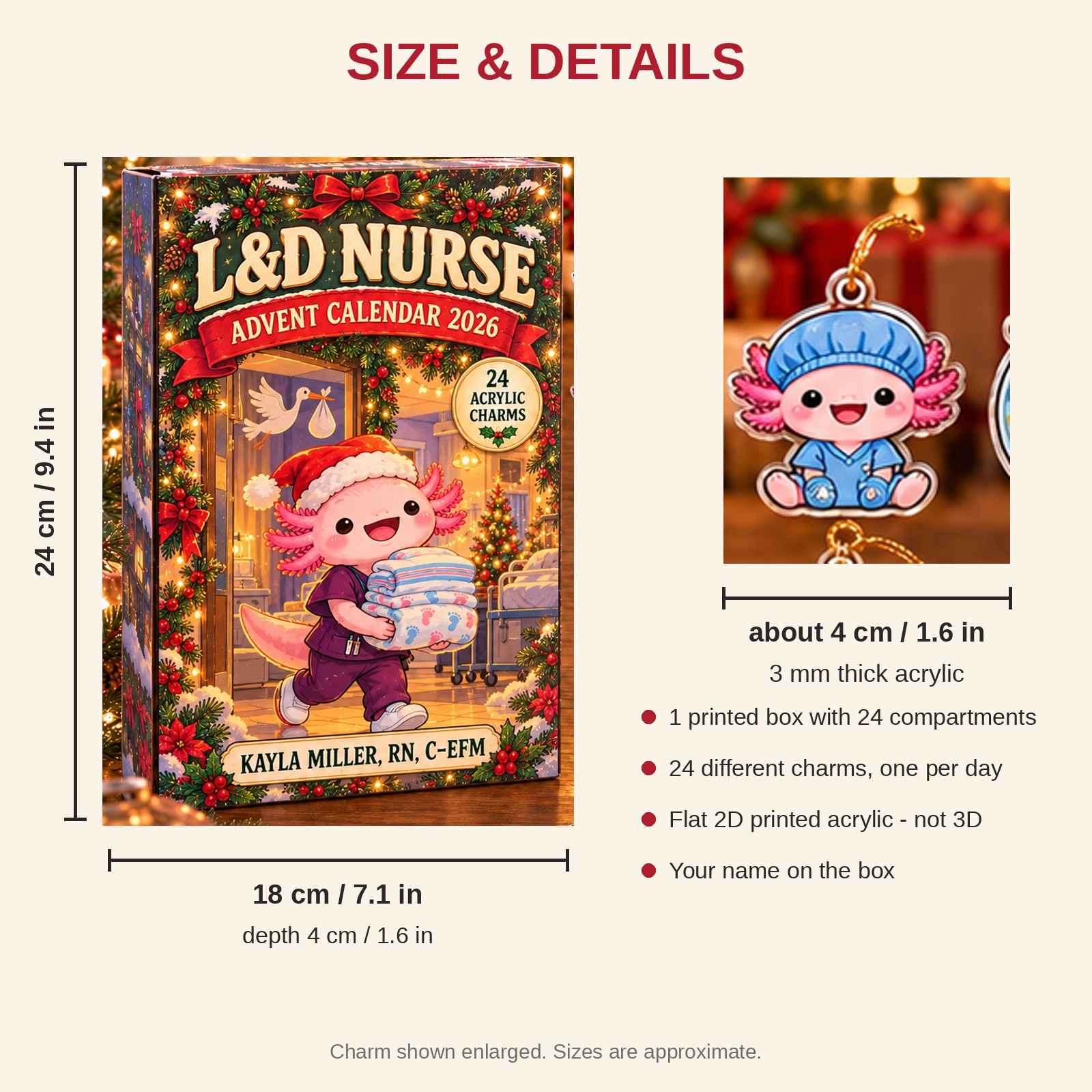 Personalized L&D Nurse Axolotl advent calendar box with 24 flat acrylic Christmas charms: box and charm sizes