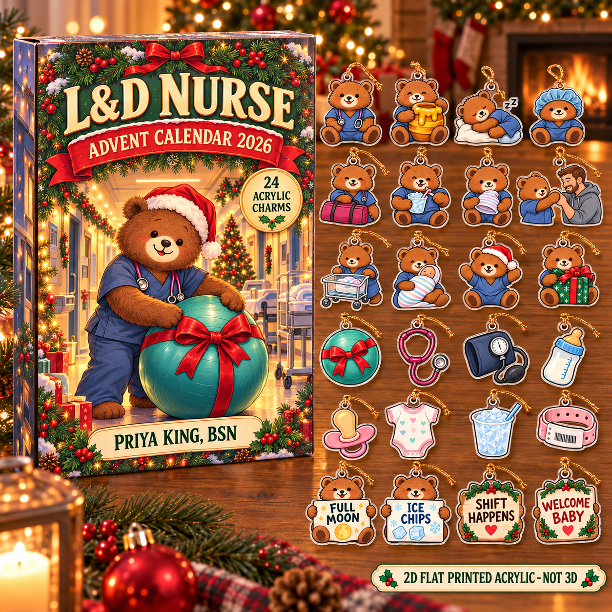 Personalized L&D Nurse Bear advent calendar box with 24 flat acrylic Christmas charms