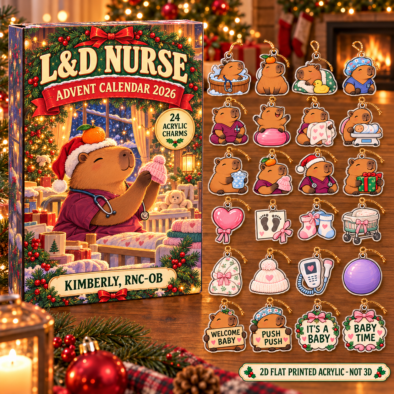 Personalized L&D Nurse Capybara advent calendar box with 24 flat acrylic Christmas charms