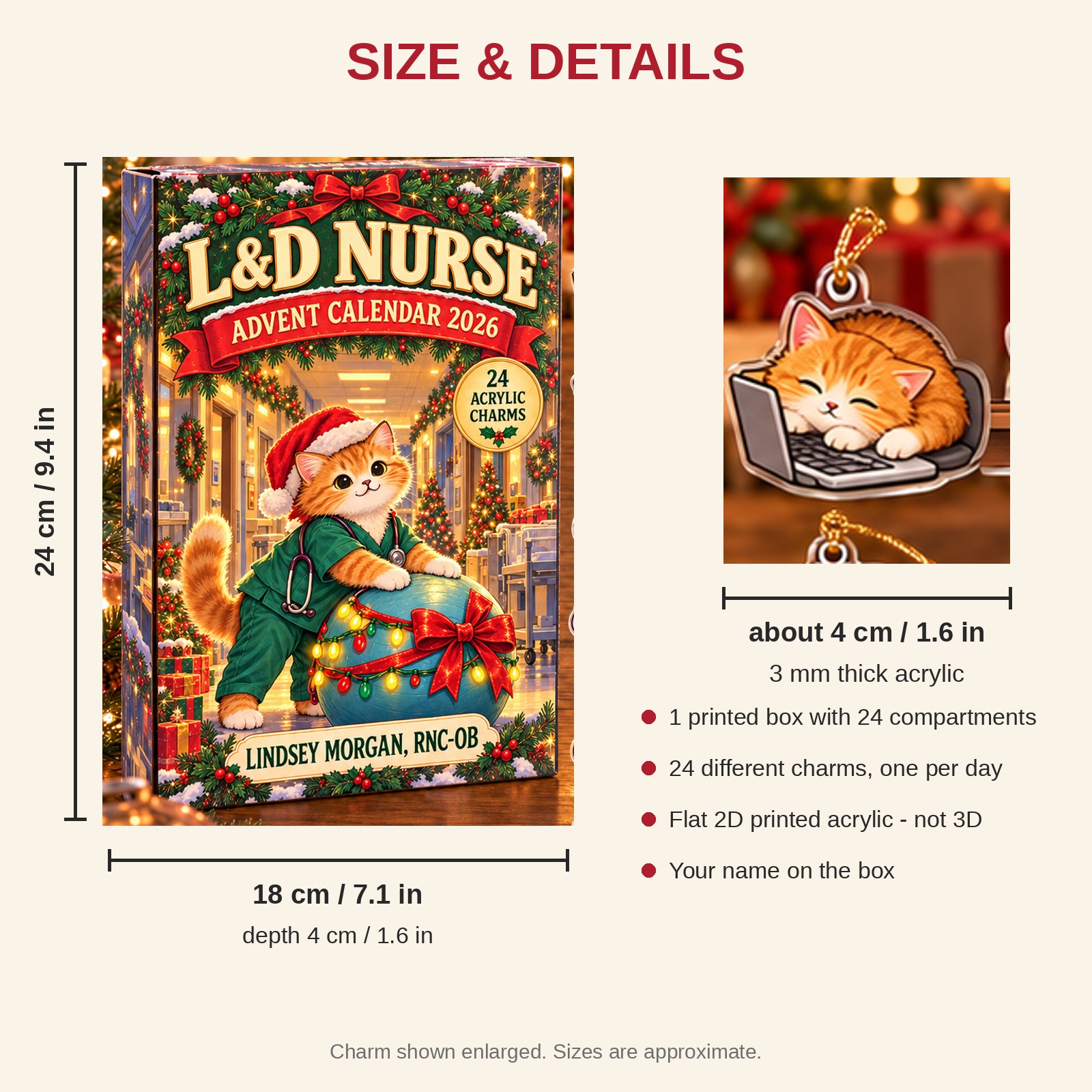 Personalized L&D Nurse Cat advent calendar box with 24 flat acrylic Christmas charms: box and charm sizes