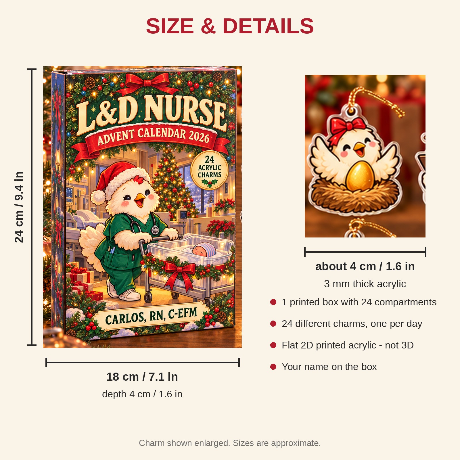 Personalized L&D Nurse Chicken advent calendar box with 24 flat acrylic Christmas charms: box and charm sizes