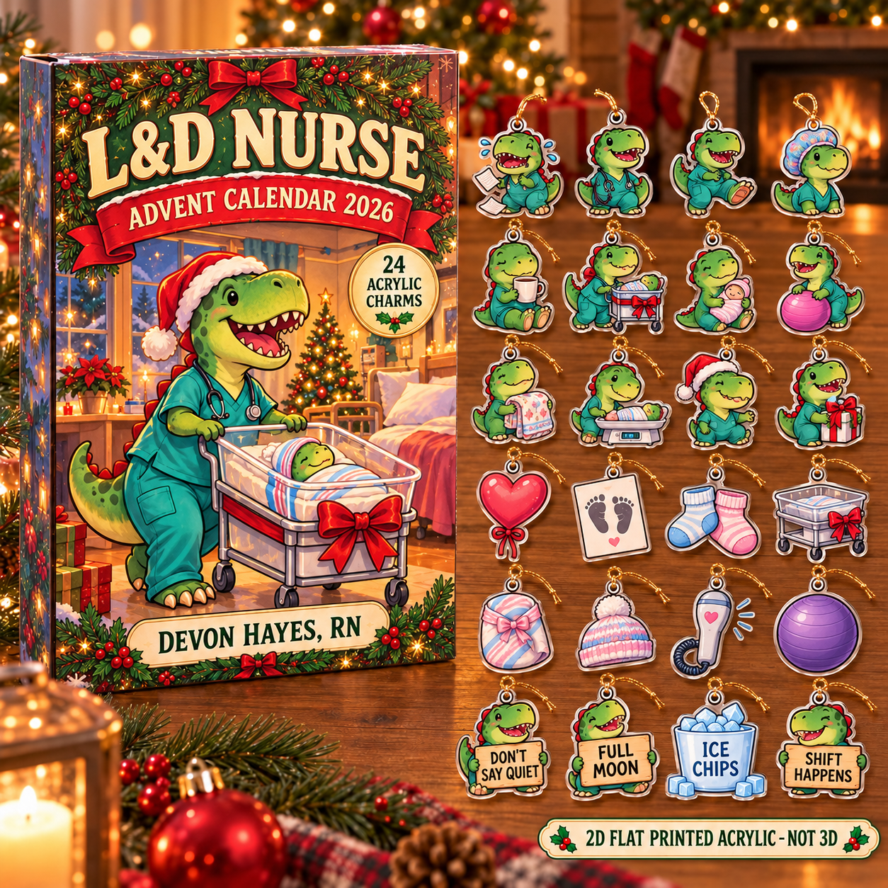 Personalized L&D Nurse Dinosaur advent calendar box with 24 flat acrylic Christmas charms