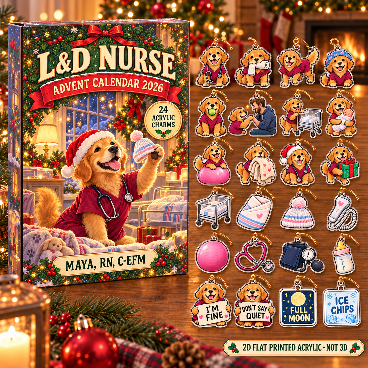 Personalized L&D Nurse Dog advent calendar box with 24 flat acrylic Christmas charms