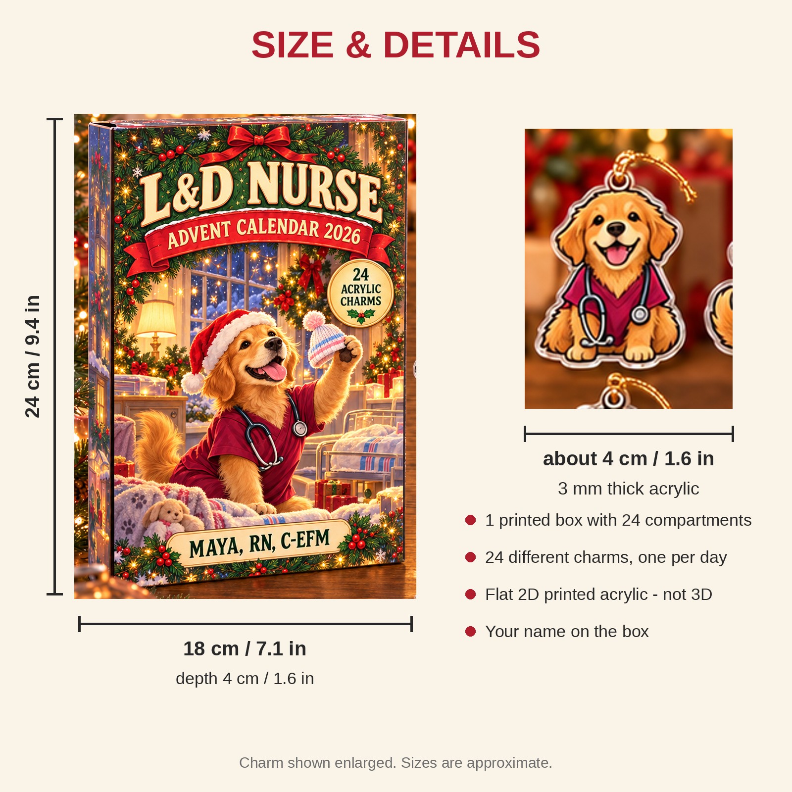 Personalized L&D Nurse Dog advent calendar box with 24 flat acrylic Christmas charms: box and charm sizes