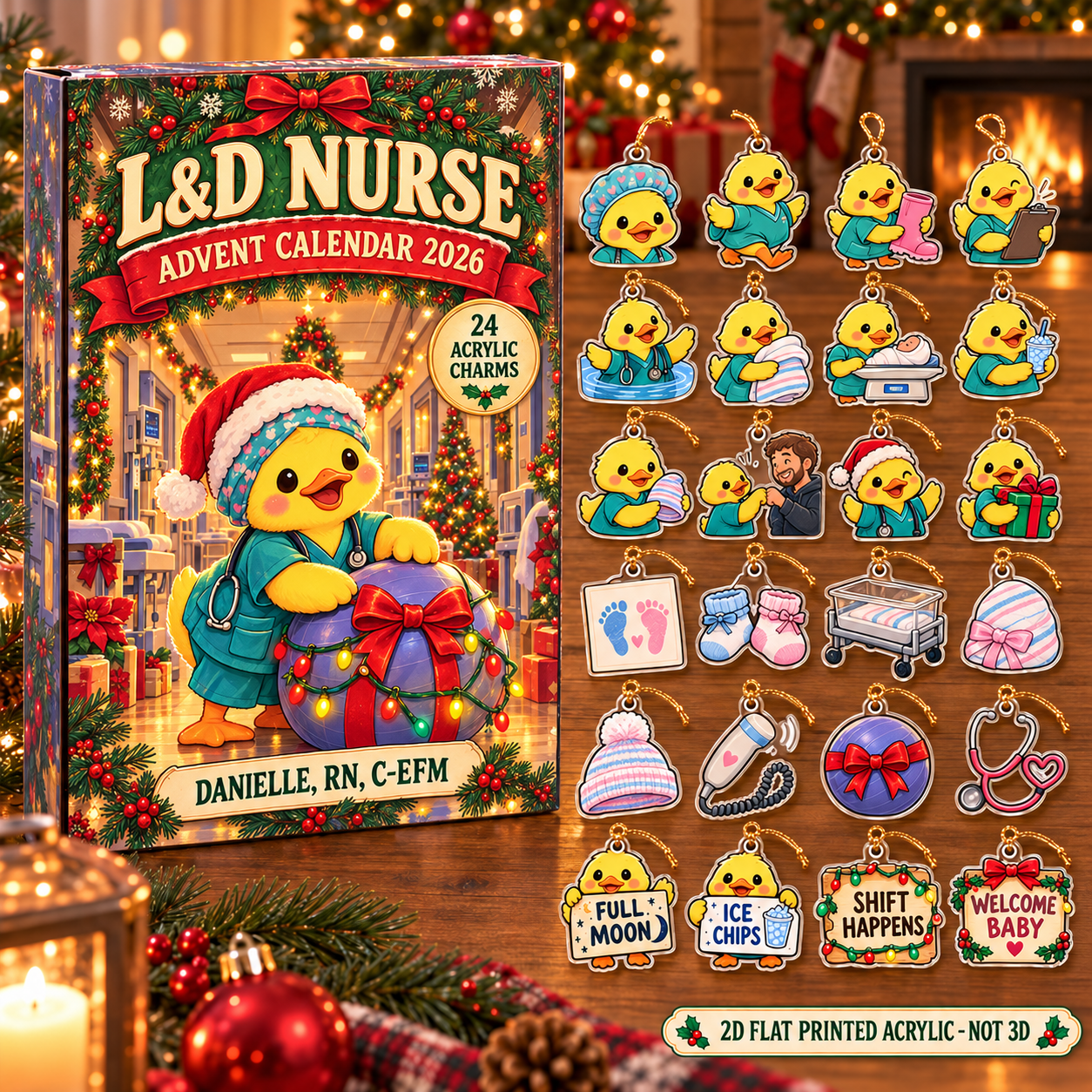Personalized L&D Nurse Duck advent calendar box with 24 flat acrylic Christmas charms