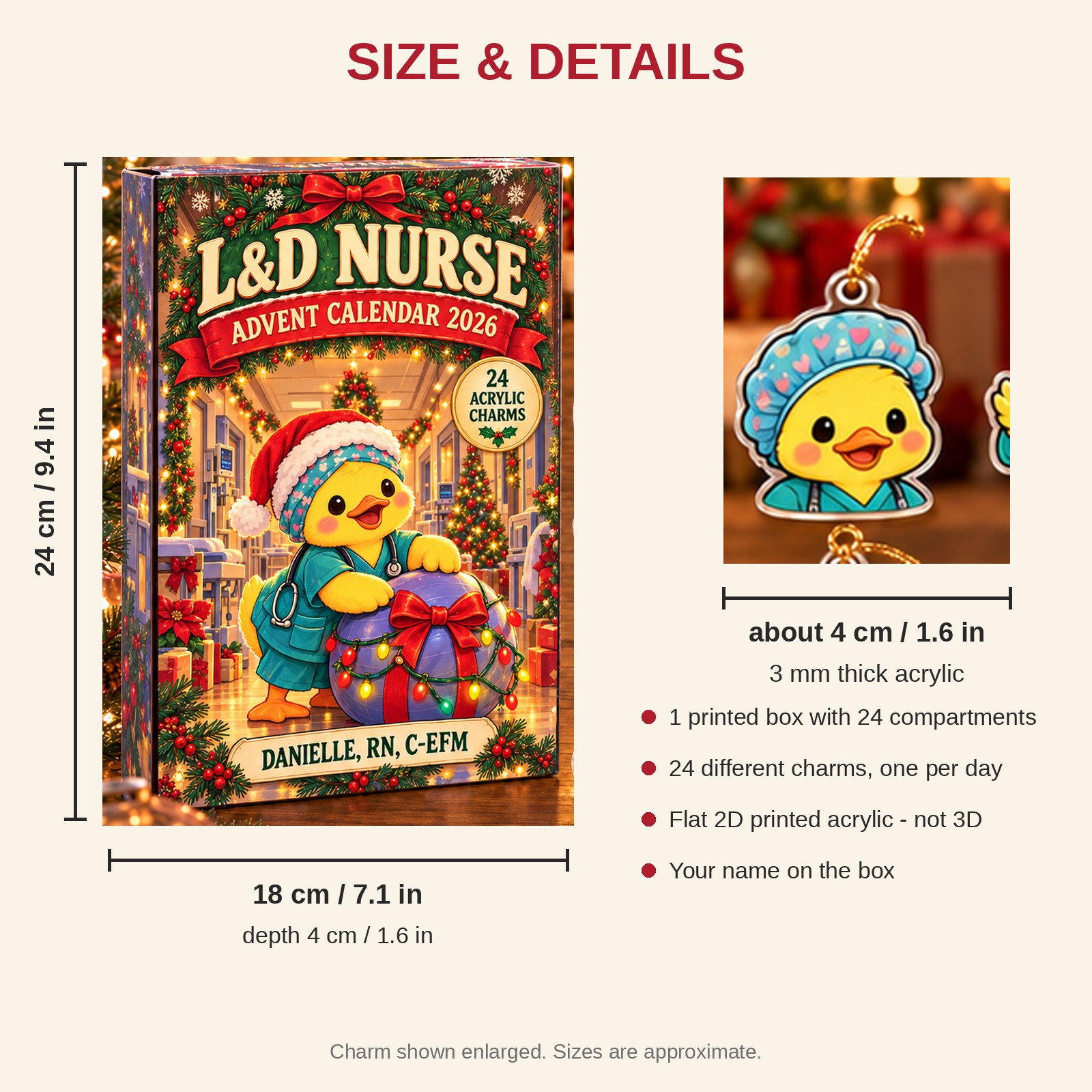 Personalized L&D Nurse Duck advent calendar box with 24 flat acrylic Christmas charms: box and charm sizes