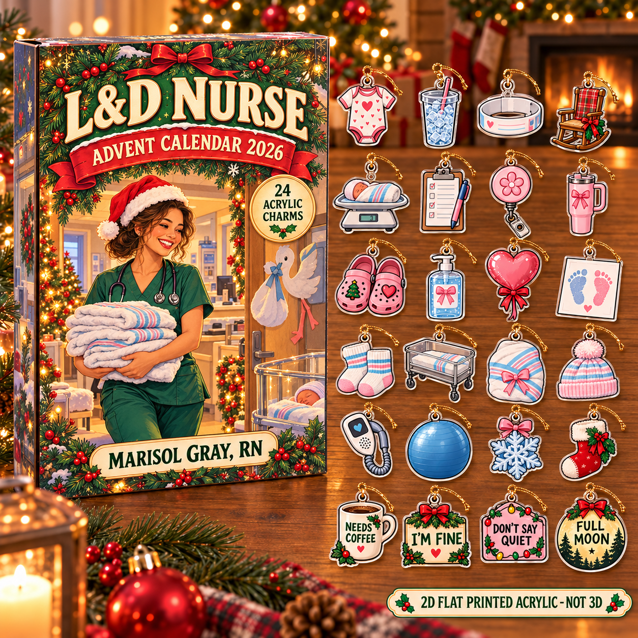 Personalized L&D Nurse Essentials advent calendar box with 24 flat acrylic Christmas charms