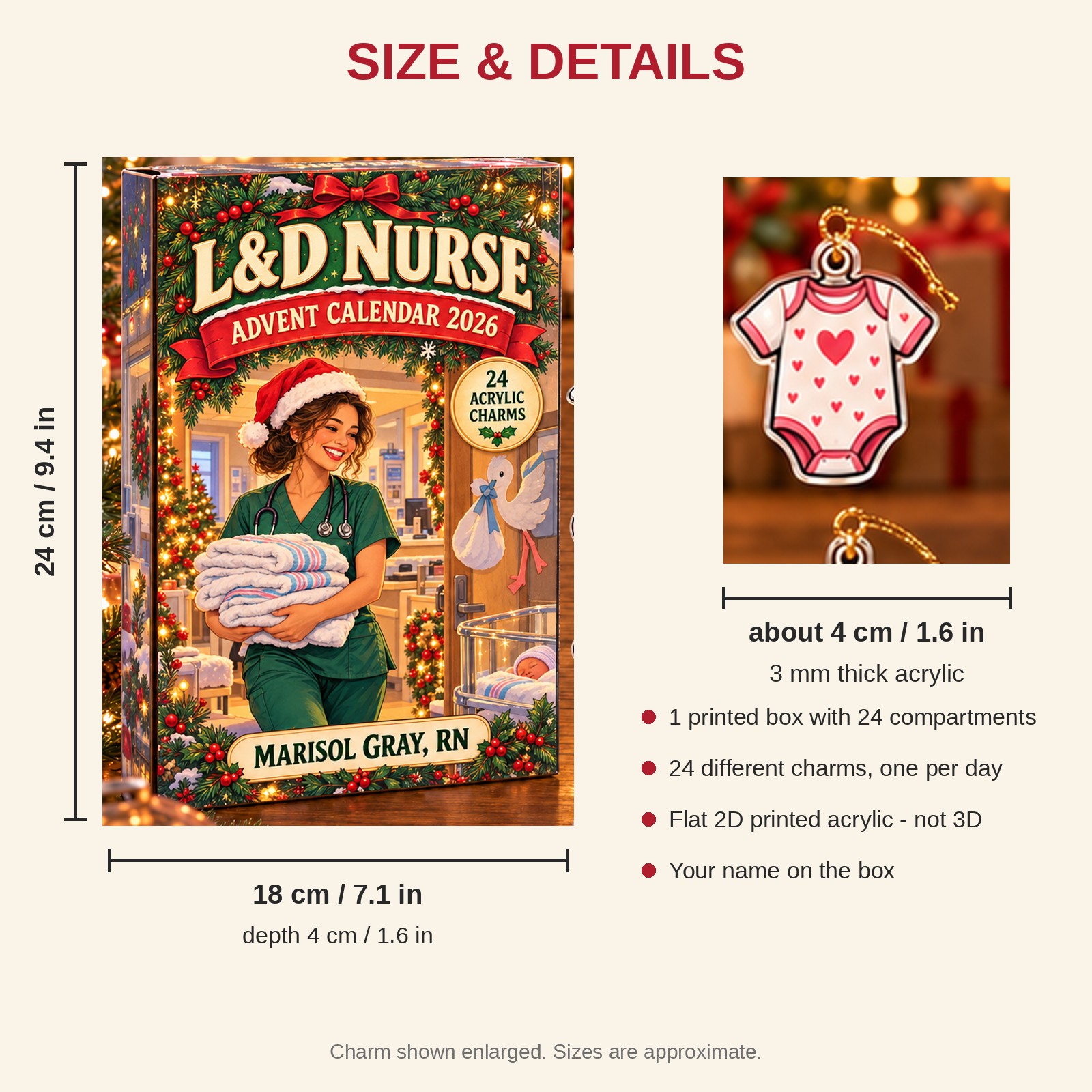 Personalized L&D Nurse Essentials advent calendar box with 24 flat acrylic Christmas charms: box and charm sizes
