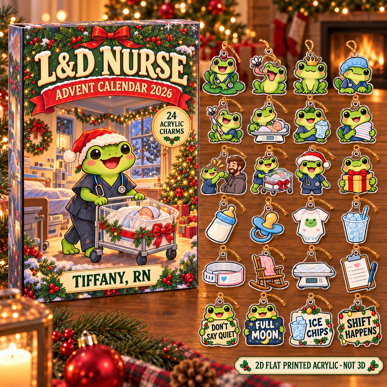 Personalized L&D Nurse Frog advent calendar box with 24 flat acrylic Christmas charms
