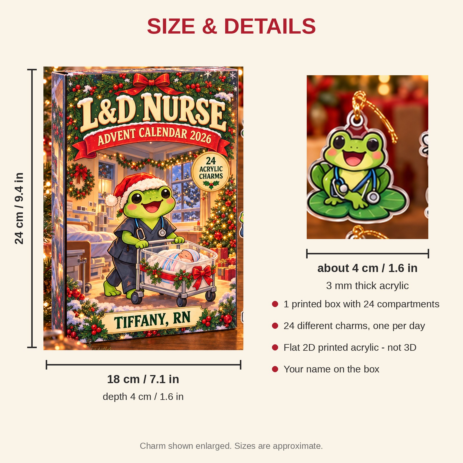 Personalized L&D Nurse Frog advent calendar box with 24 flat acrylic Christmas charms: box and charm sizes