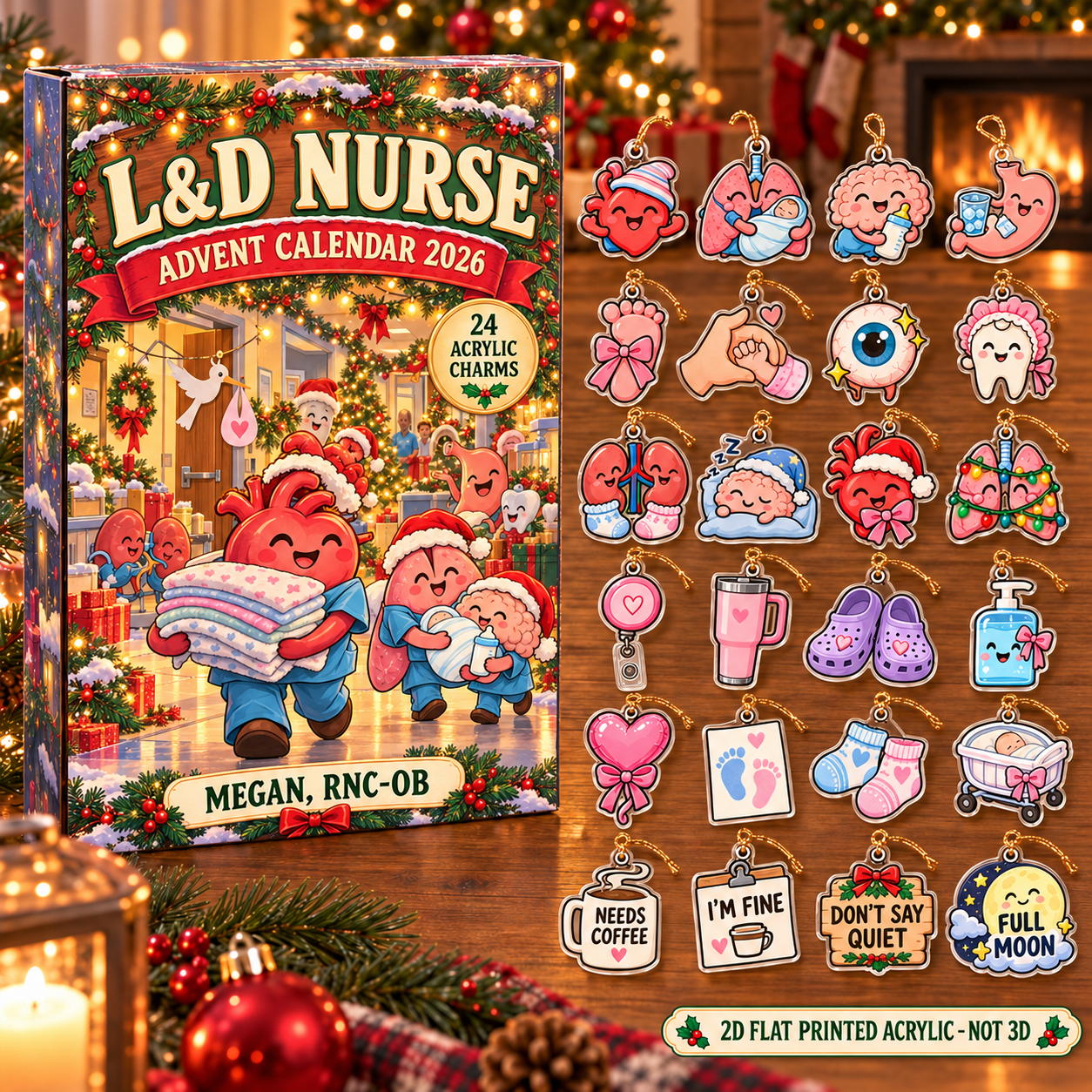 Personalized Funny Anatomy L&D Nurse advent calendar box with 24 flat acrylic Christmas charms