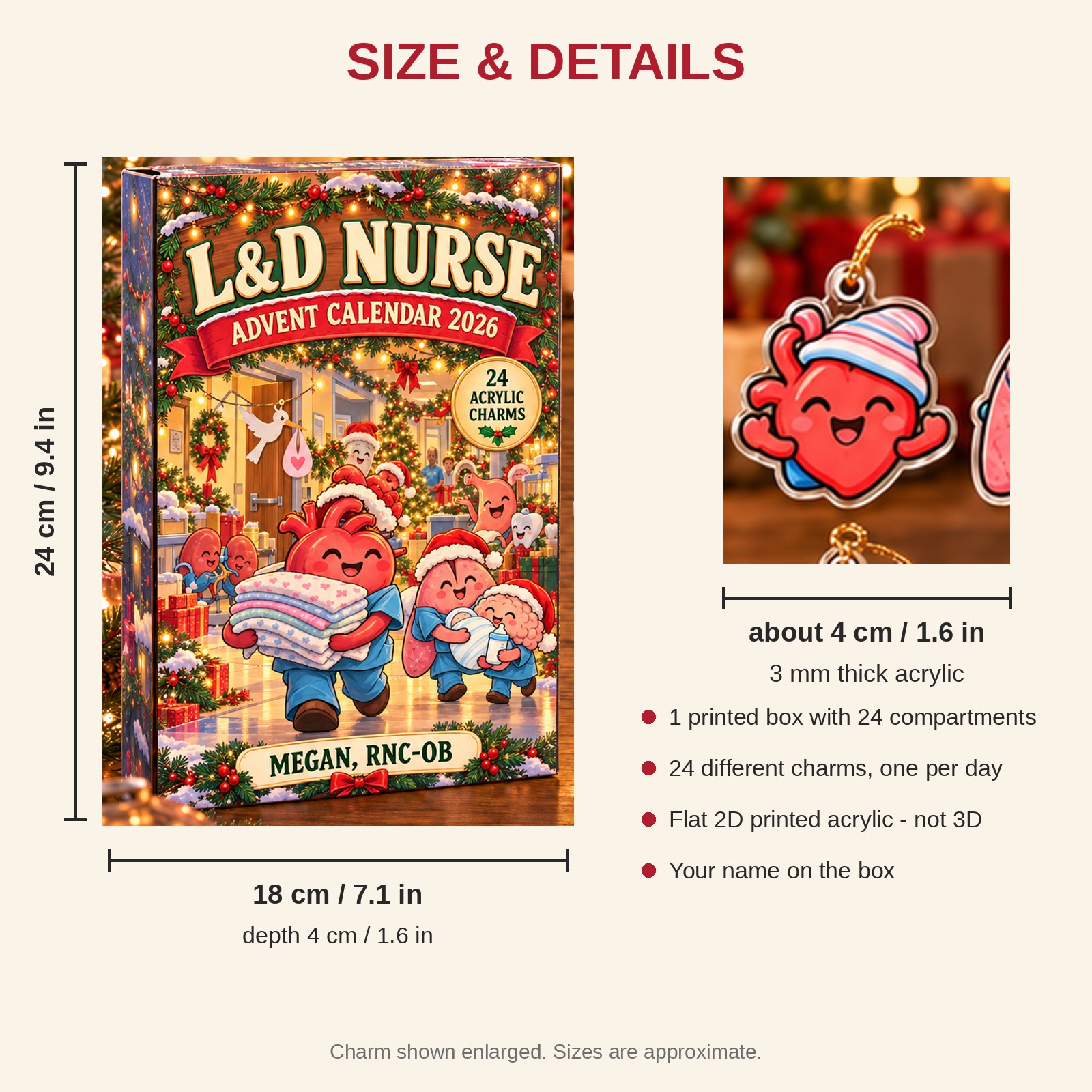 Personalized Funny Anatomy L&D Nurse advent calendar box with 24 flat acrylic Christmas charms: box and charm sizes