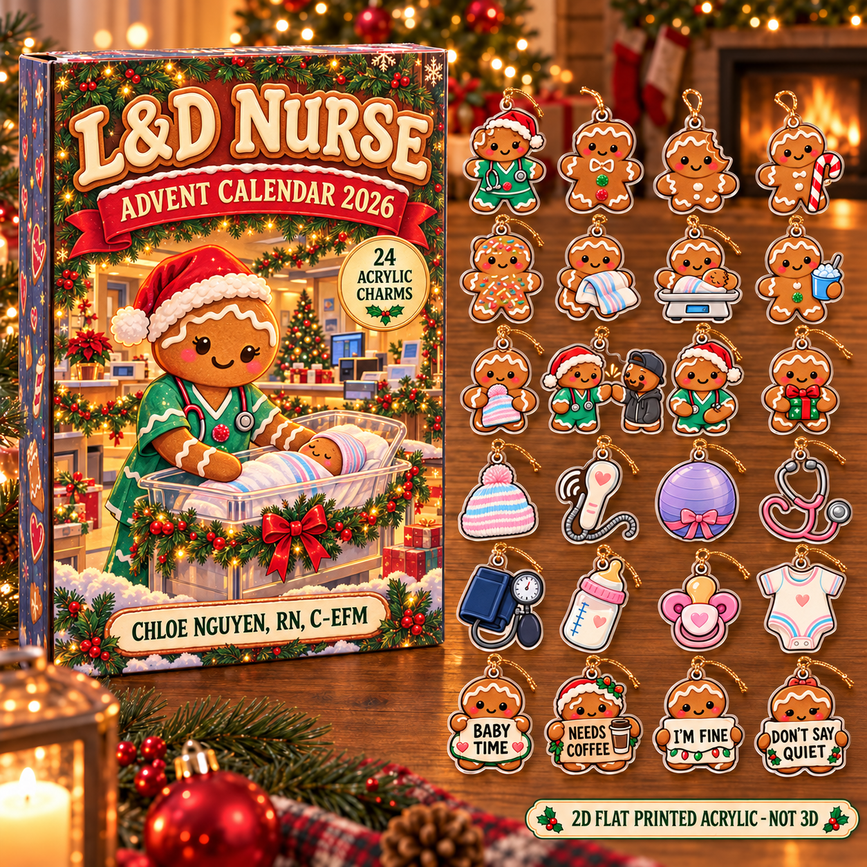 Personalized Gingerbread L&D Nurse advent calendar box with 24 flat acrylic Christmas charms