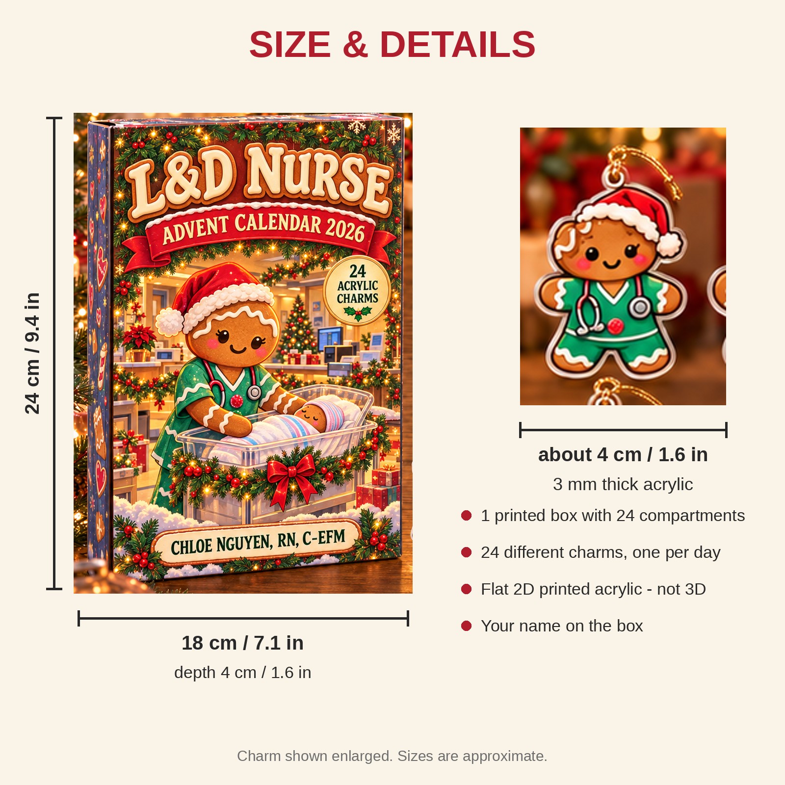 Personalized Gingerbread L&D Nurse advent calendar box with 24 flat acrylic Christmas charms: box and charm sizes