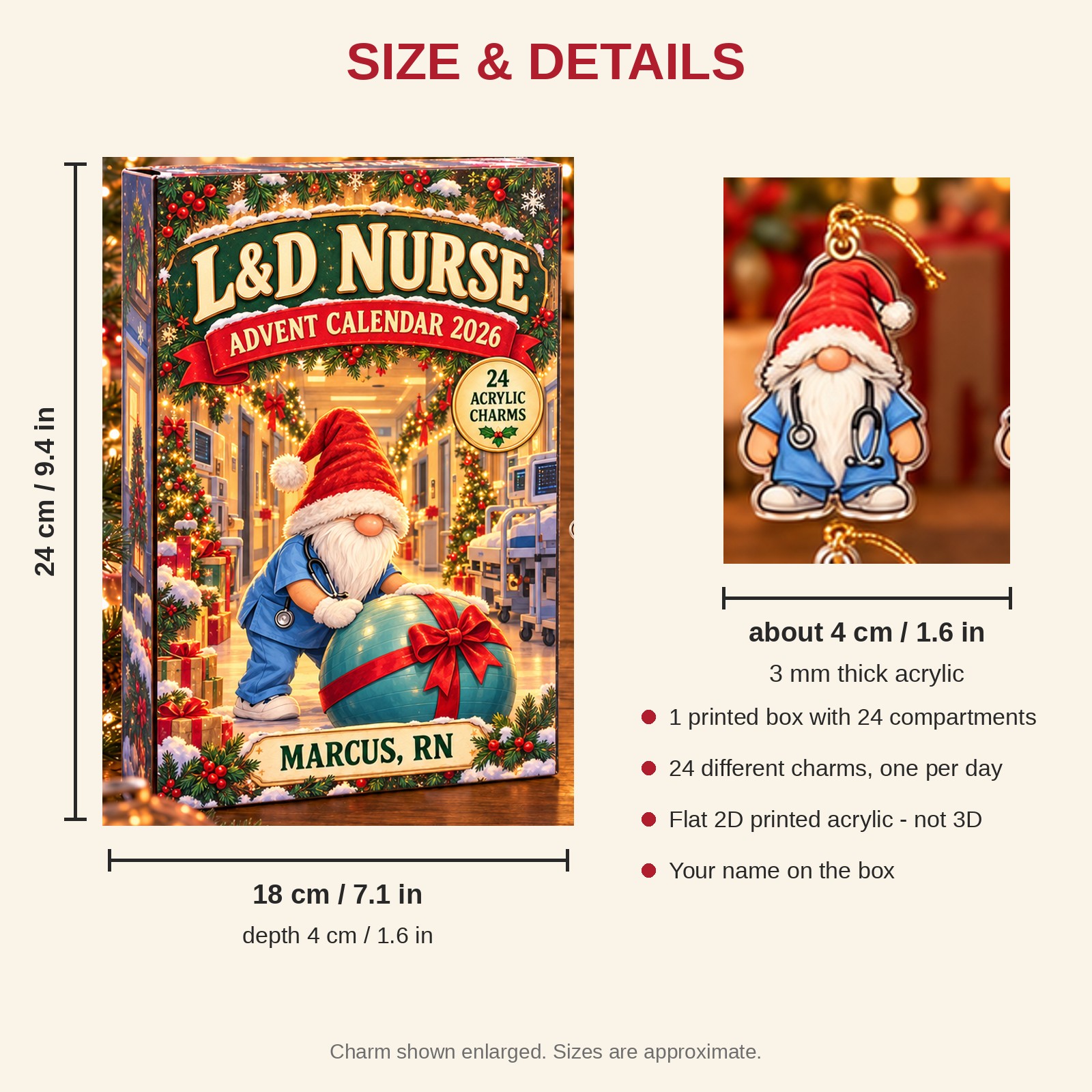 Personalized Gnome L&D Nurse advent calendar box with 24 flat acrylic Christmas charms: box and charm sizes