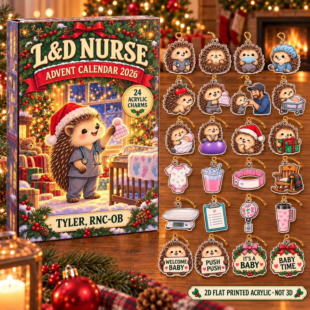 Personalized L&D Nurse Hedgehog advent calendar box with 24 flat acrylic Christmas charms