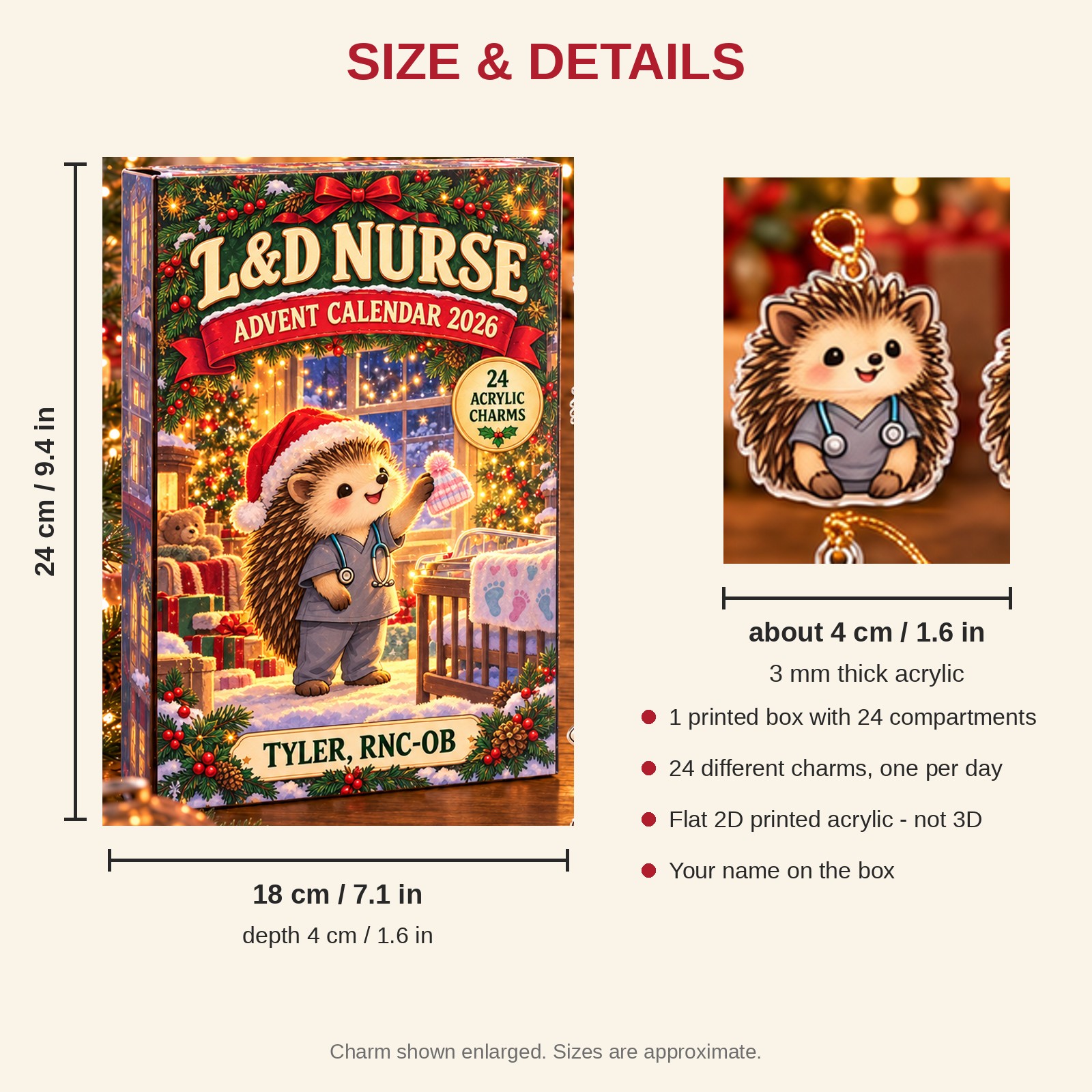 Personalized L&D Nurse Hedgehog advent calendar box with 24 flat acrylic Christmas charms: box and charm sizes