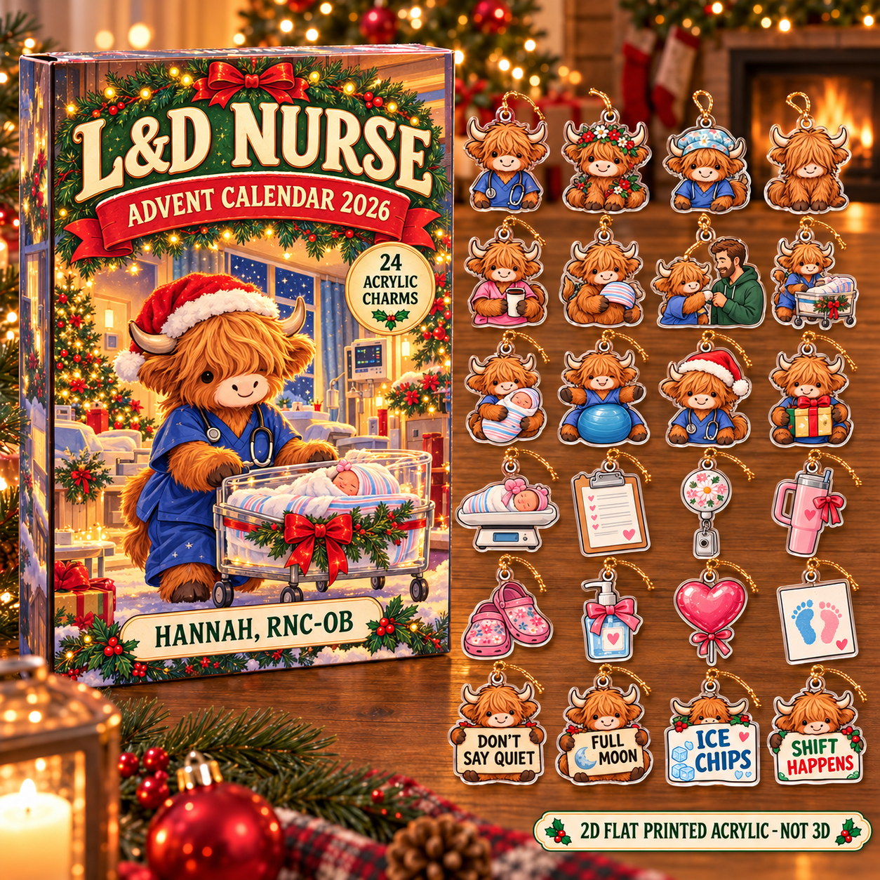 Personalized L&D Nurse Highland Cow advent calendar box with 24 flat acrylic Christmas charms