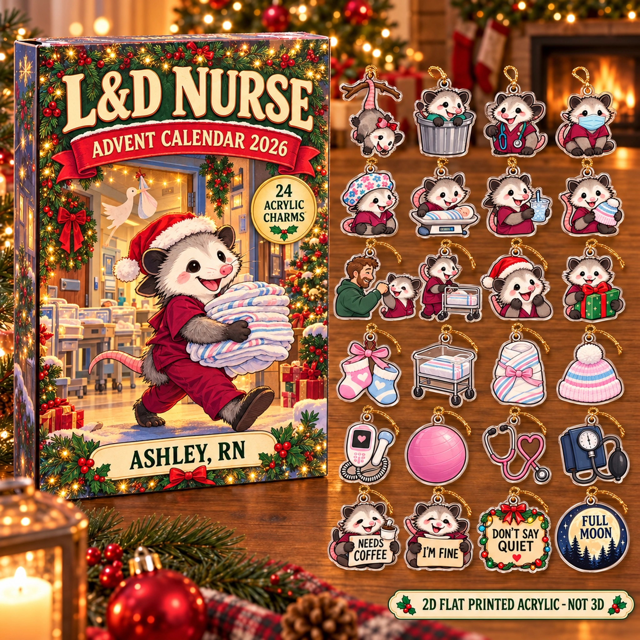 Personalized L&D Nurse Opossum advent calendar box with 24 flat acrylic Christmas charms