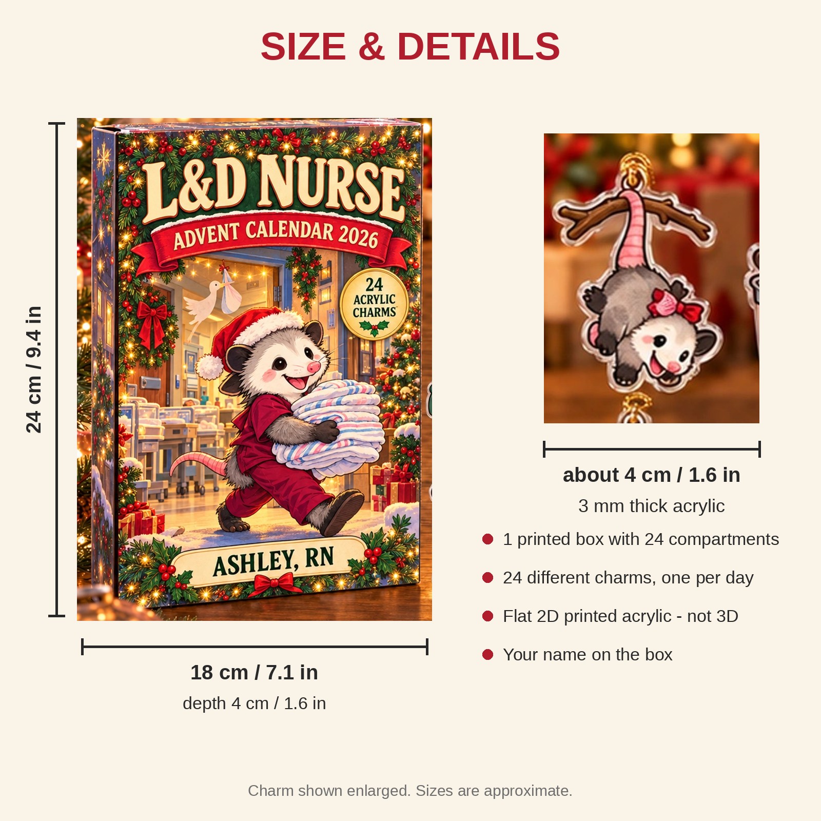 Personalized L&D Nurse Opossum advent calendar box with 24 flat acrylic Christmas charms: box and charm sizes