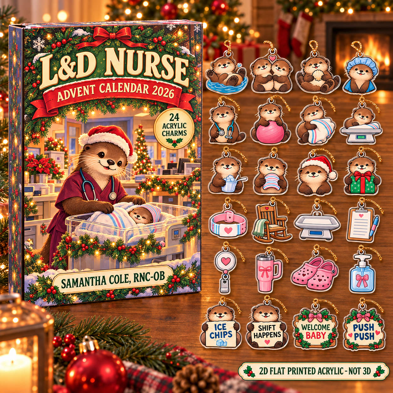 Personalized L&D Nurse Otter advent calendar box with 24 flat acrylic Christmas charms