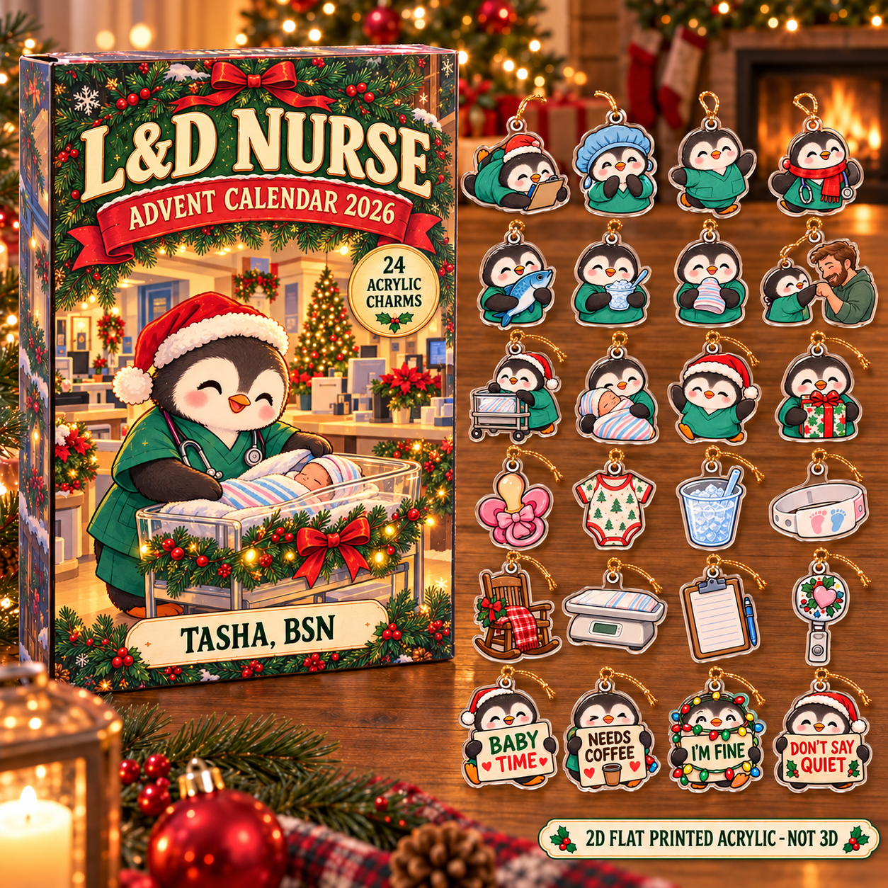 Personalized L&D Nurse Penguin advent calendar box with 24 flat acrylic Christmas charms