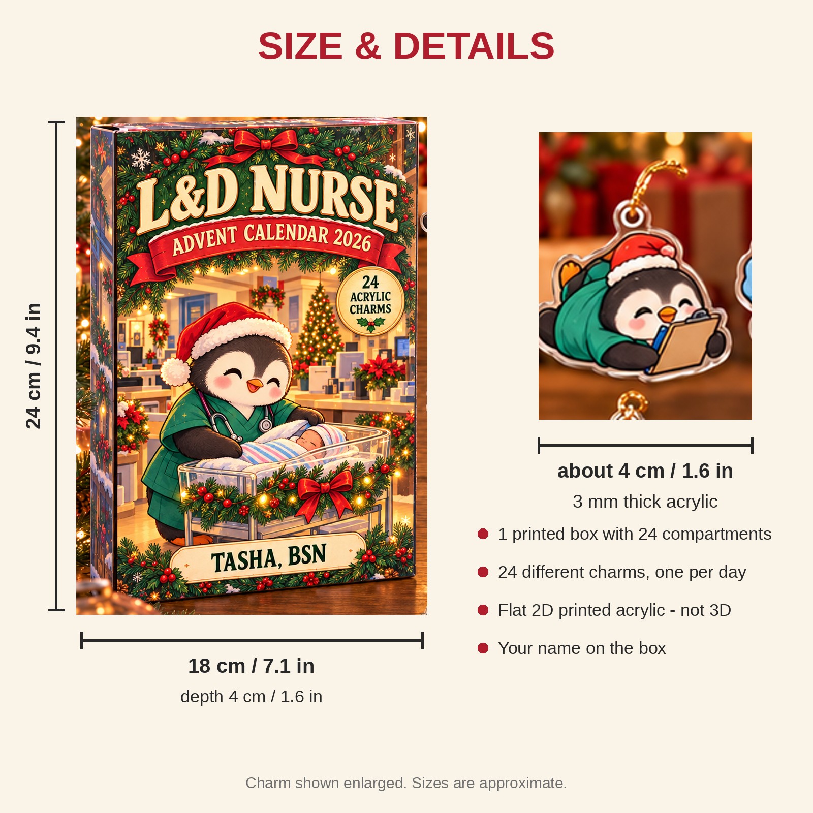 Personalized L&D Nurse Penguin advent calendar box with 24 flat acrylic Christmas charms: box and charm sizes