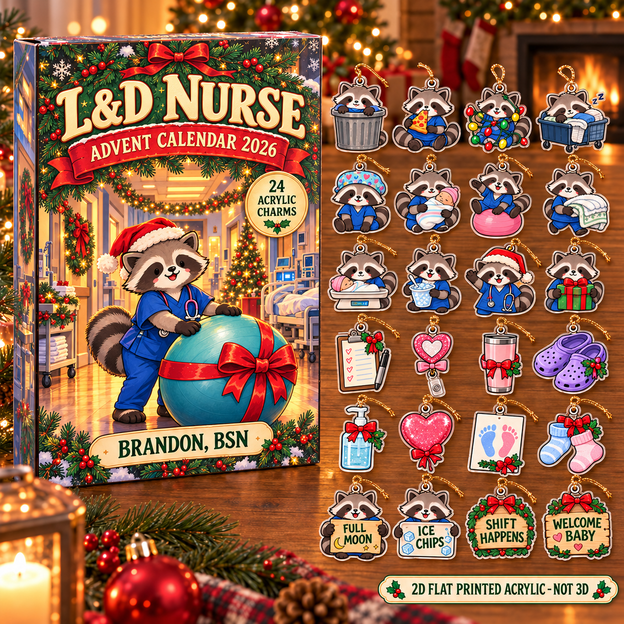 Personalized L&D Nurse Raccoon advent calendar box with 24 flat acrylic Christmas charms