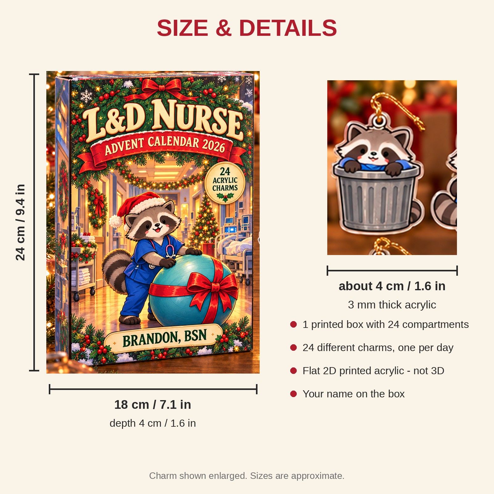 Personalized L&D Nurse Raccoon advent calendar box with 24 flat acrylic Christmas charms: box and charm sizes