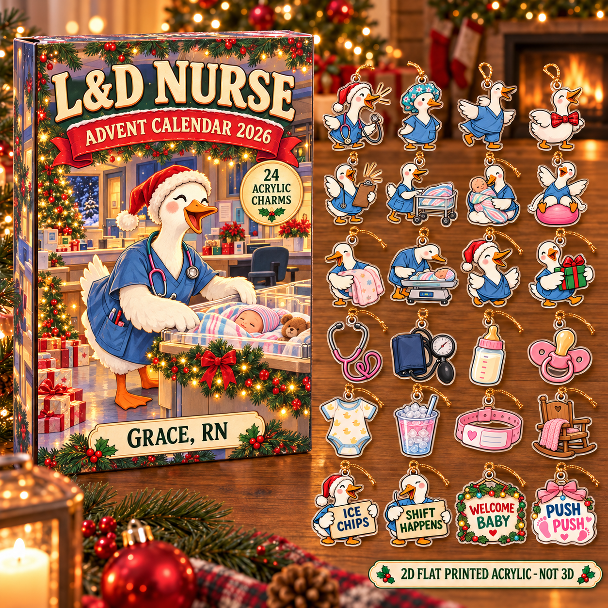 Personalized L&D Nurse Silly Goose advent calendar box with 24 flat acrylic Christmas charms