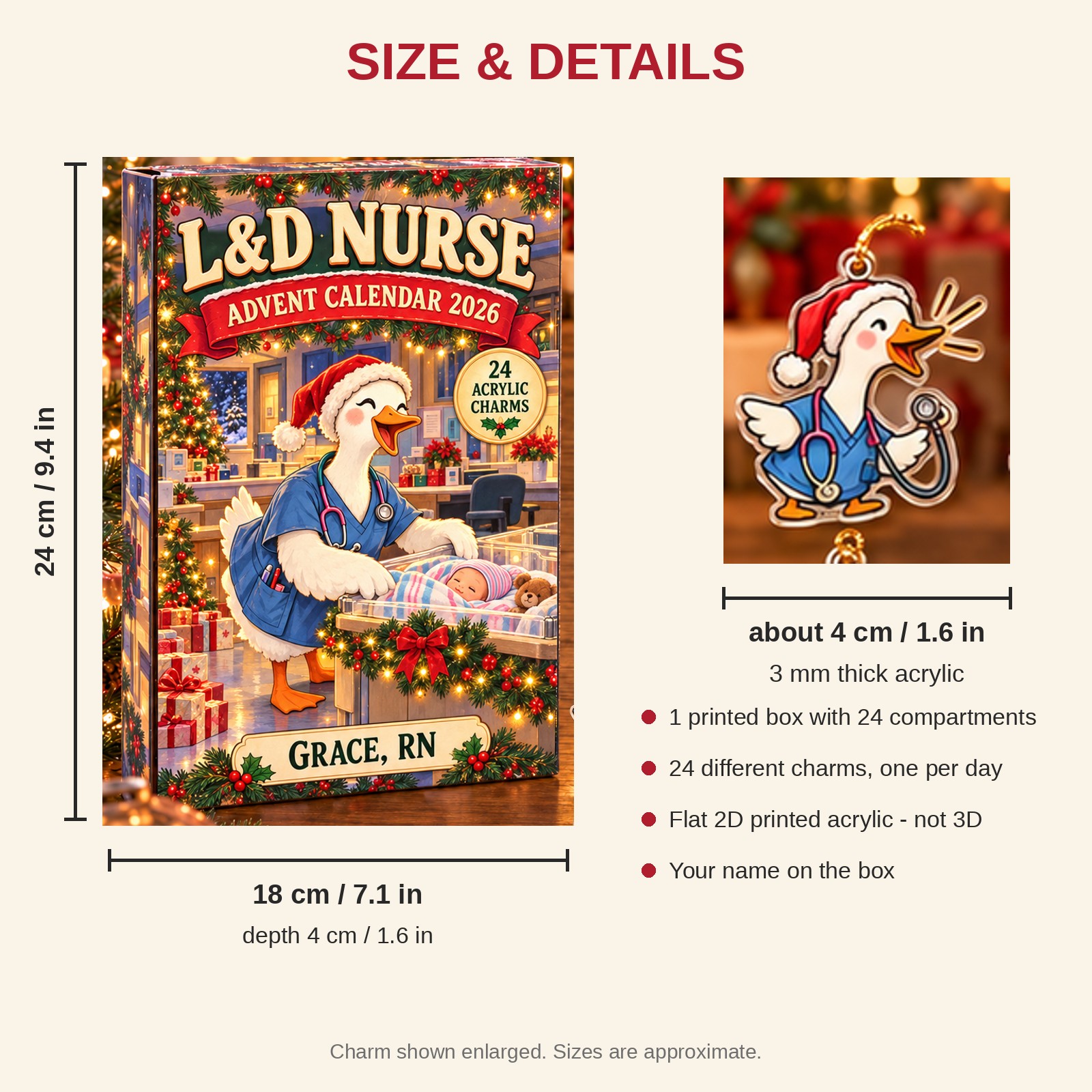 Personalized L&D Nurse Silly Goose advent calendar box with 24 flat acrylic Christmas charms: box and charm sizes