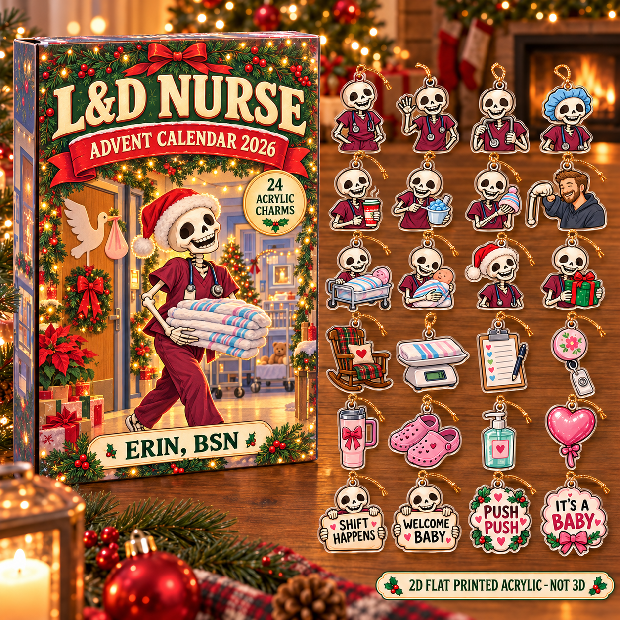 Personalized Skeleton L&D Nurse advent calendar box with 24 flat acrylic Christmas charms