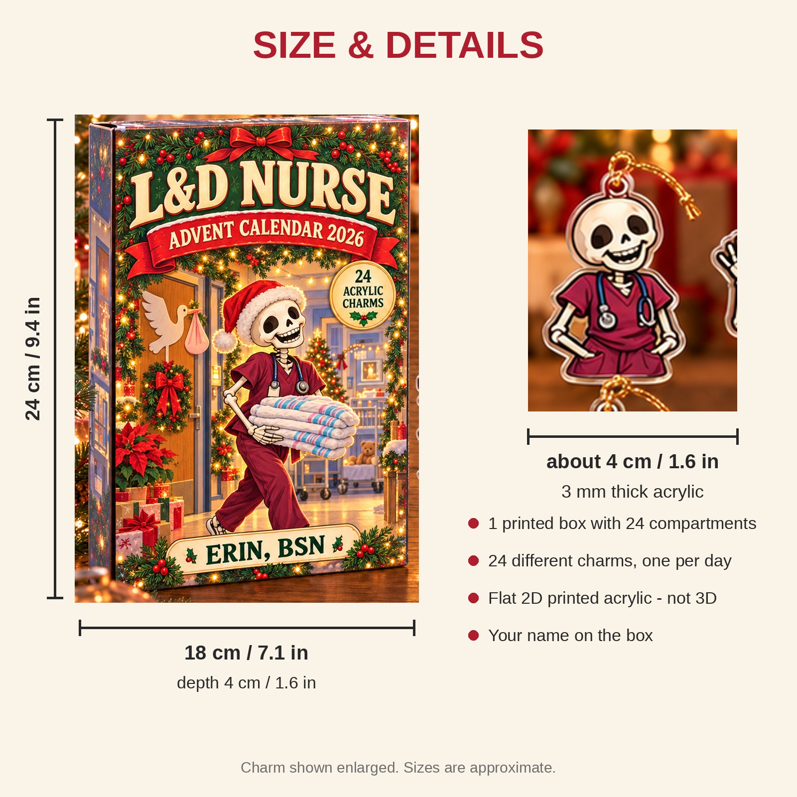 Personalized Skeleton L&D Nurse advent calendar box with 24 flat acrylic Christmas charms: box and charm sizes