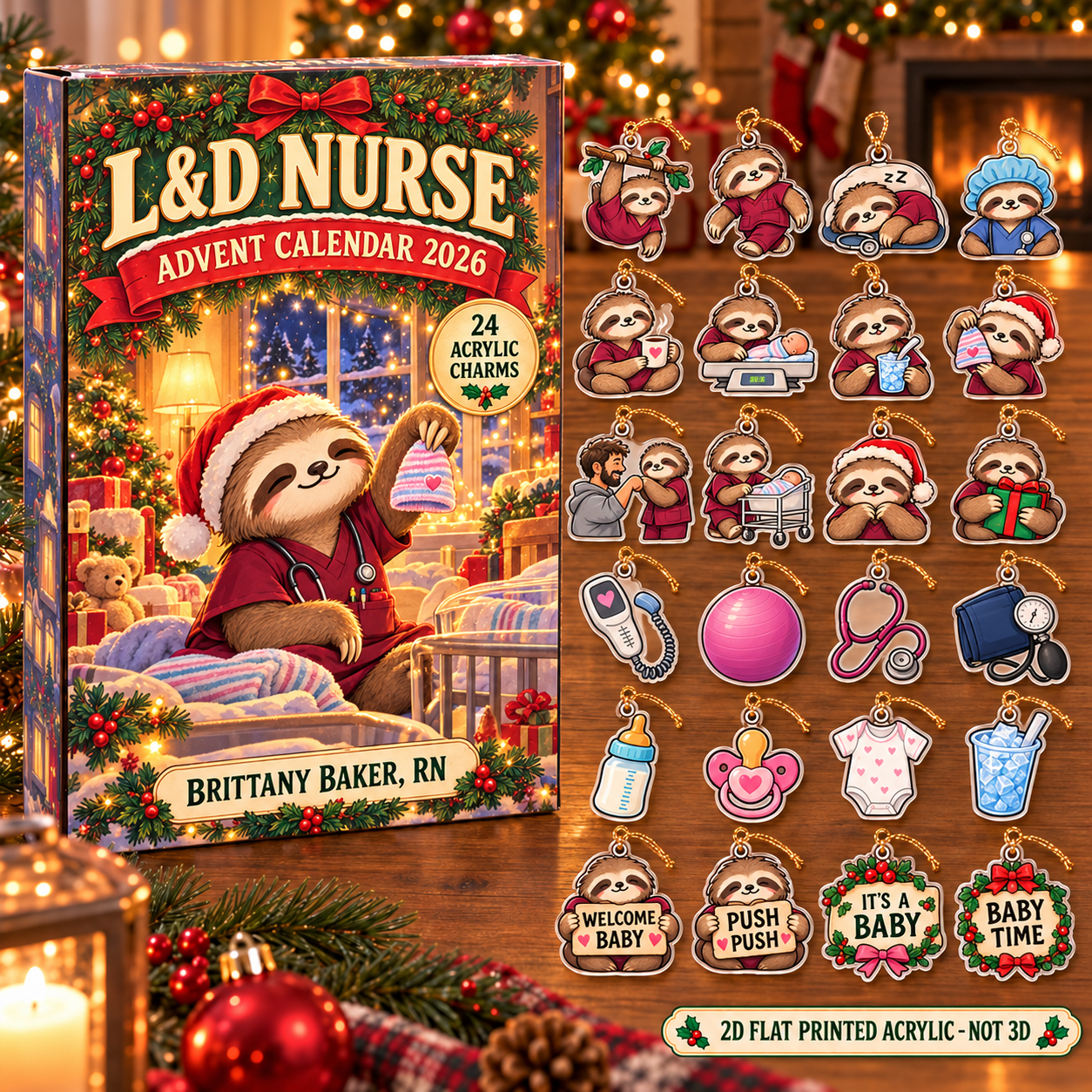 Personalized L&D Nurse Sloth advent calendar box with 24 flat acrylic Christmas charms