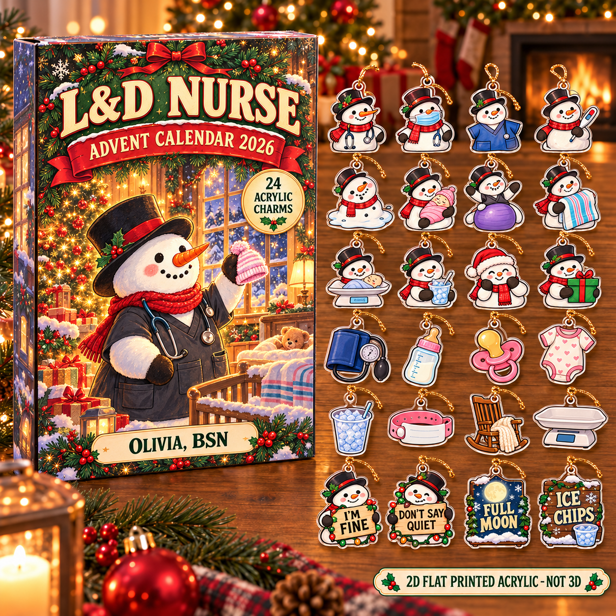 Personalized Snowman L&D Nurse advent calendar box with 24 flat acrylic Christmas charms