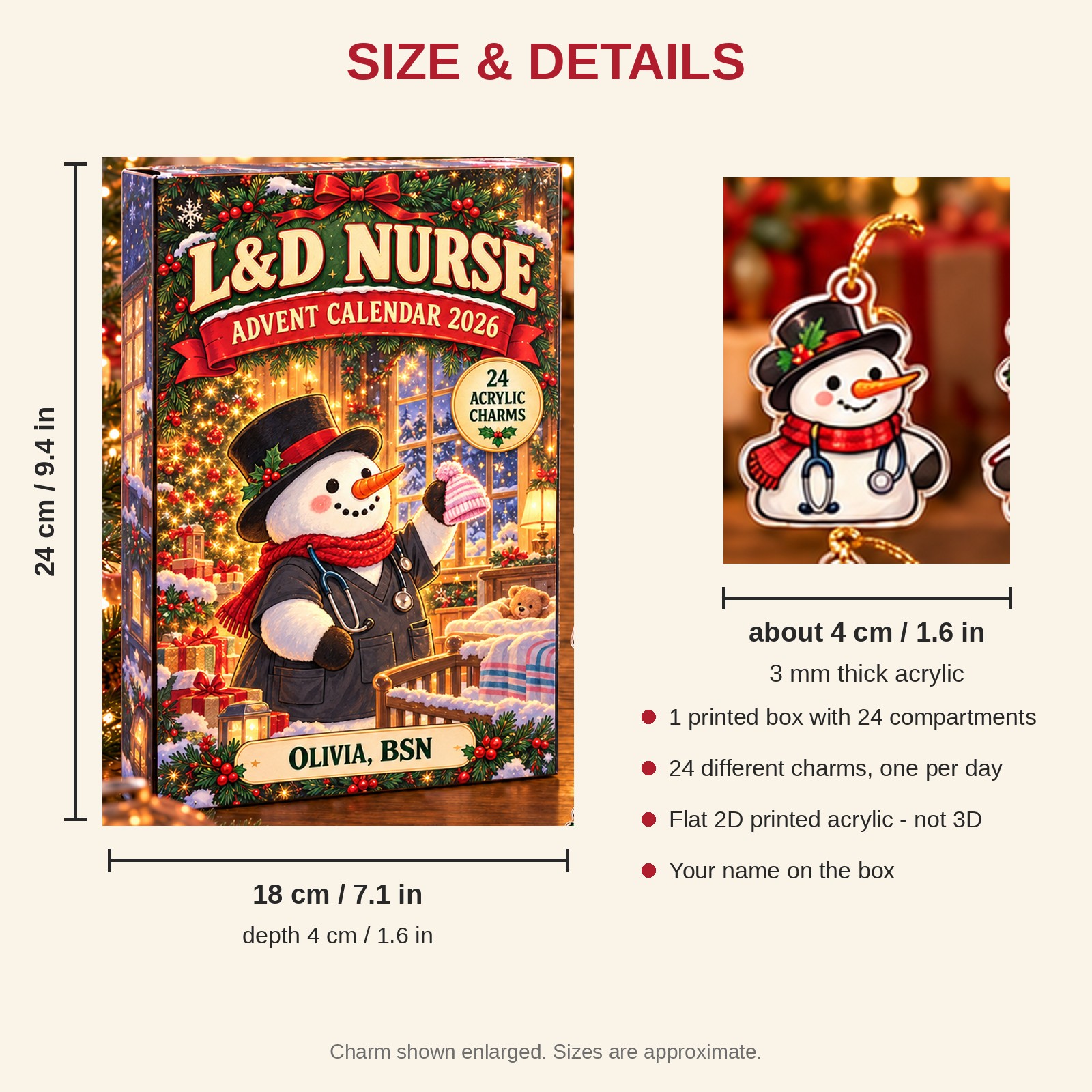 Personalized Snowman L&D Nurse advent calendar box with 24 flat acrylic Christmas charms: box and charm sizes