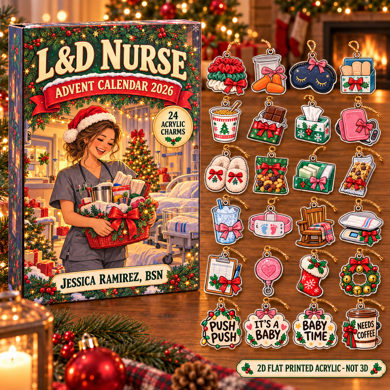 Personalized L&D Nurse Survival Kit advent calendar box with 24 flat acrylic Christmas charms