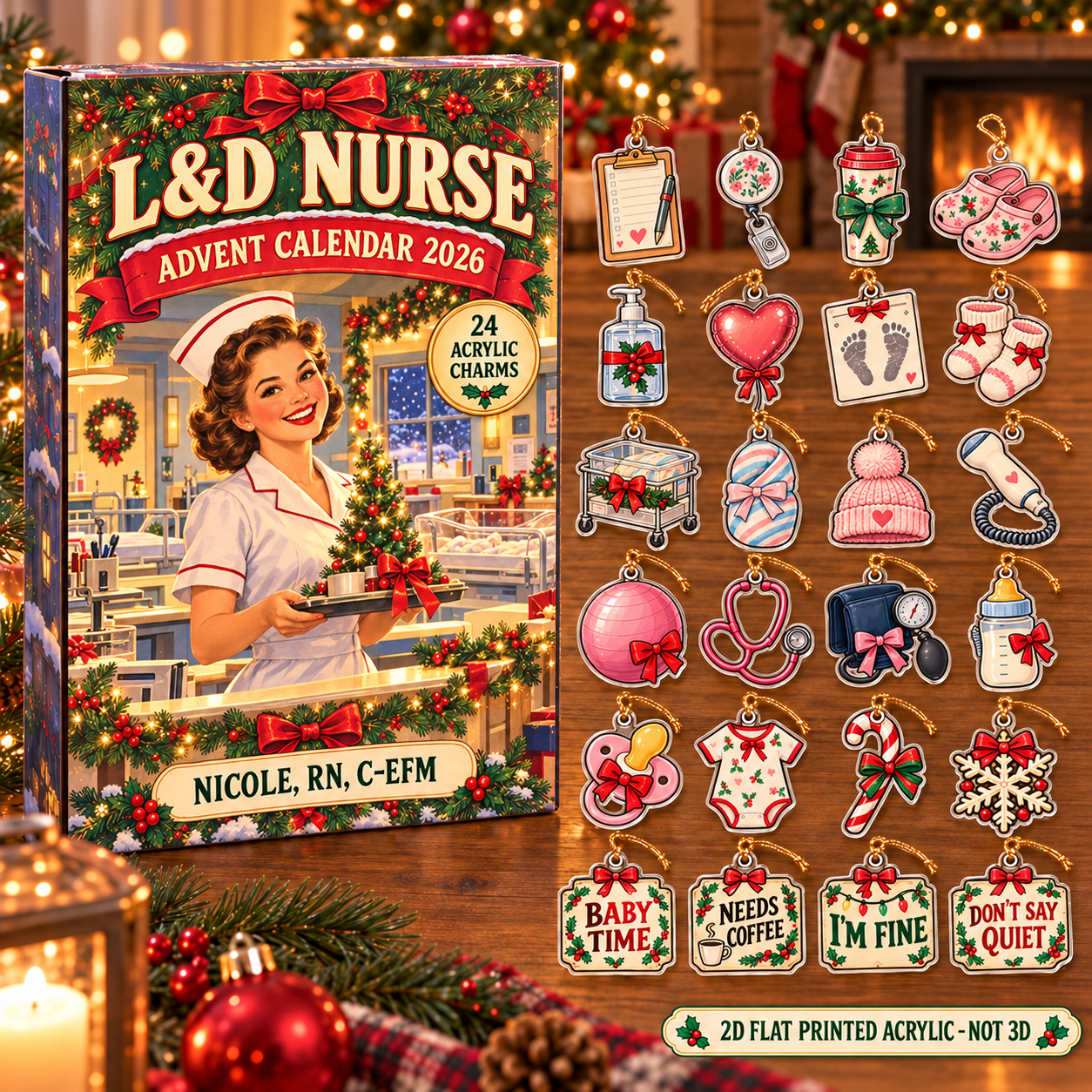 Personalized Vintage L&D Nurse advent calendar box with 24 flat acrylic Christmas charms