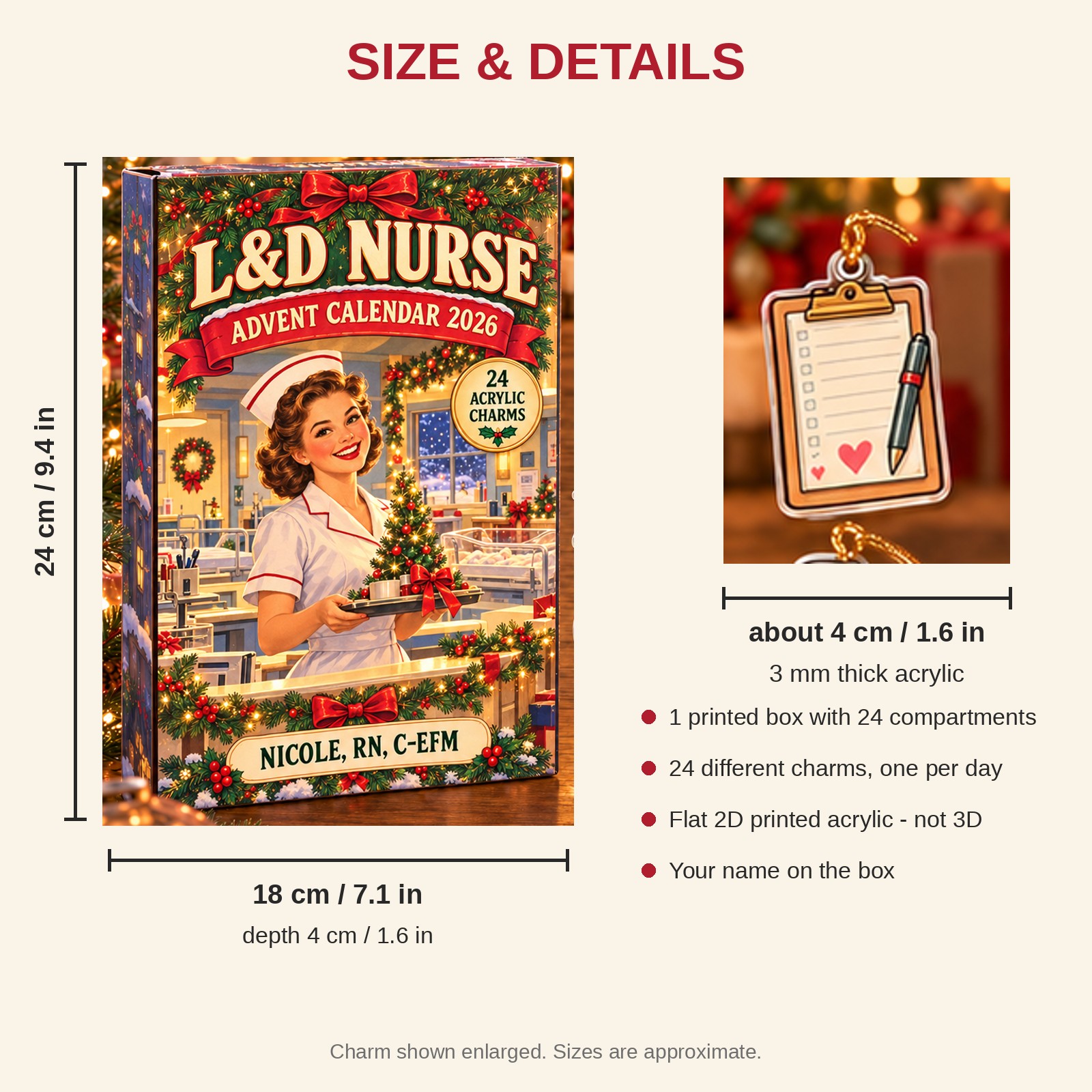 Personalized Vintage L&D Nurse advent calendar box with 24 flat acrylic Christmas charms: box and charm sizes