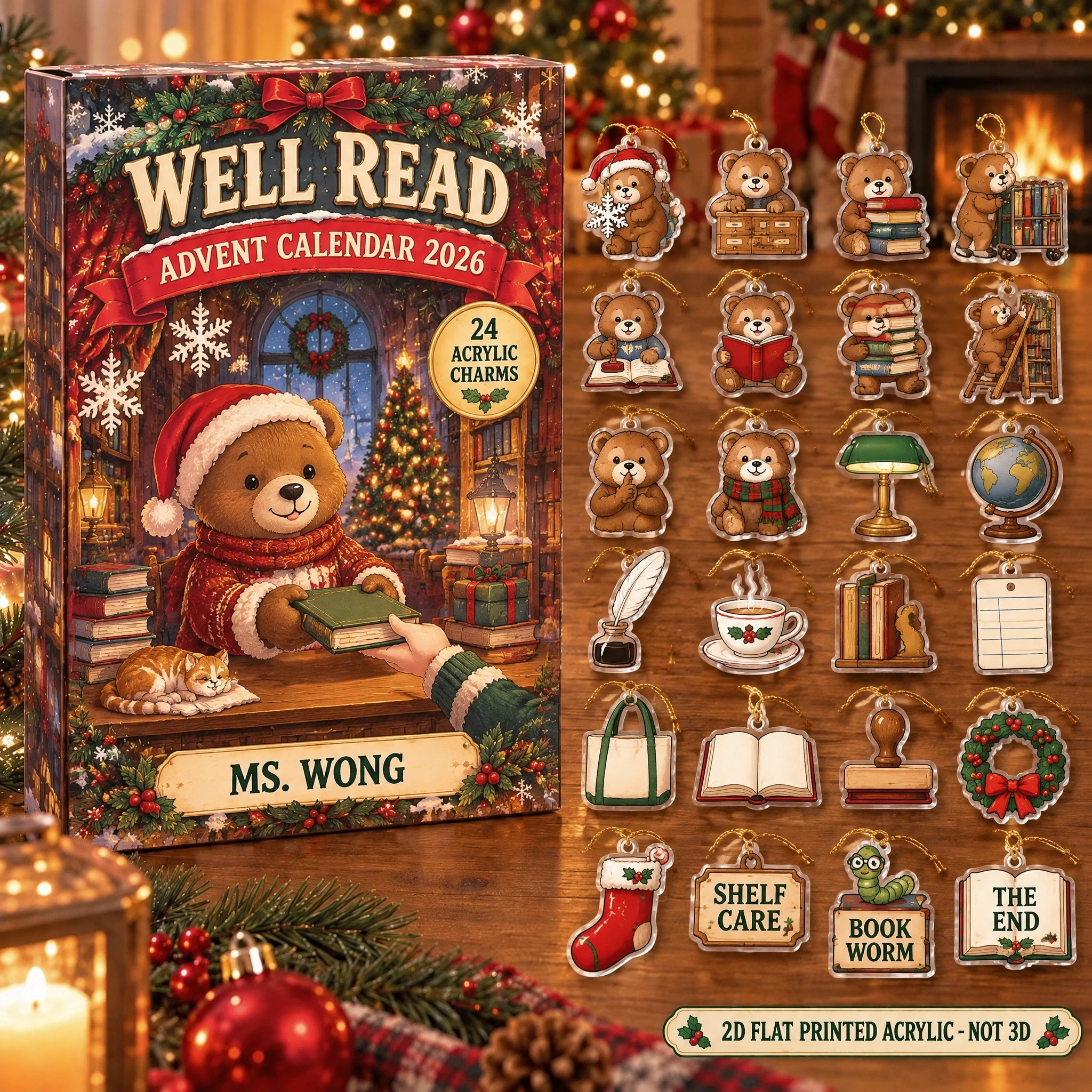 Personalized Librarian Bear advent calendar box with 24 flat acrylic Christmas charms
